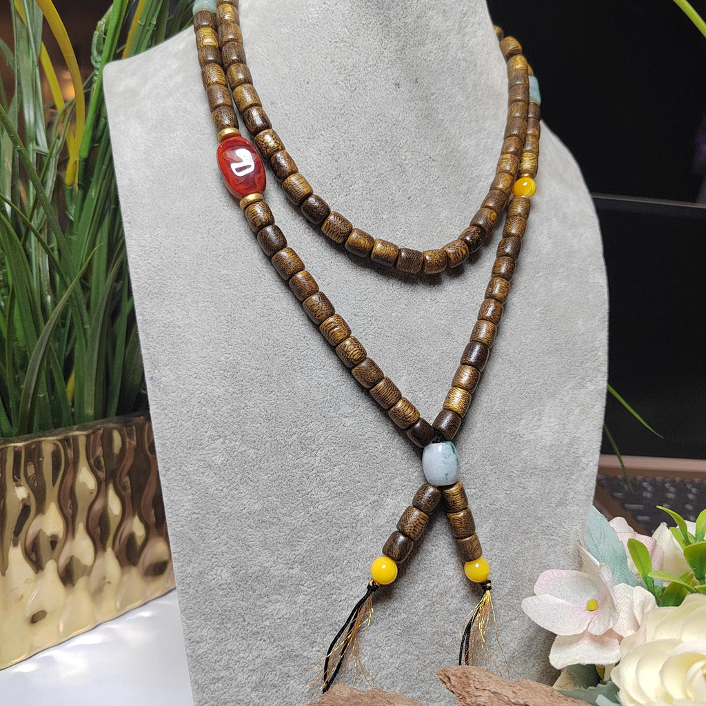 Handmade 94 cm Mala Necklace Waxi Nanhong Iron Skin Agate Burmese Jadeite Beeswax Amber Cultivated Brunei Golden-Thread Agarwood SL470