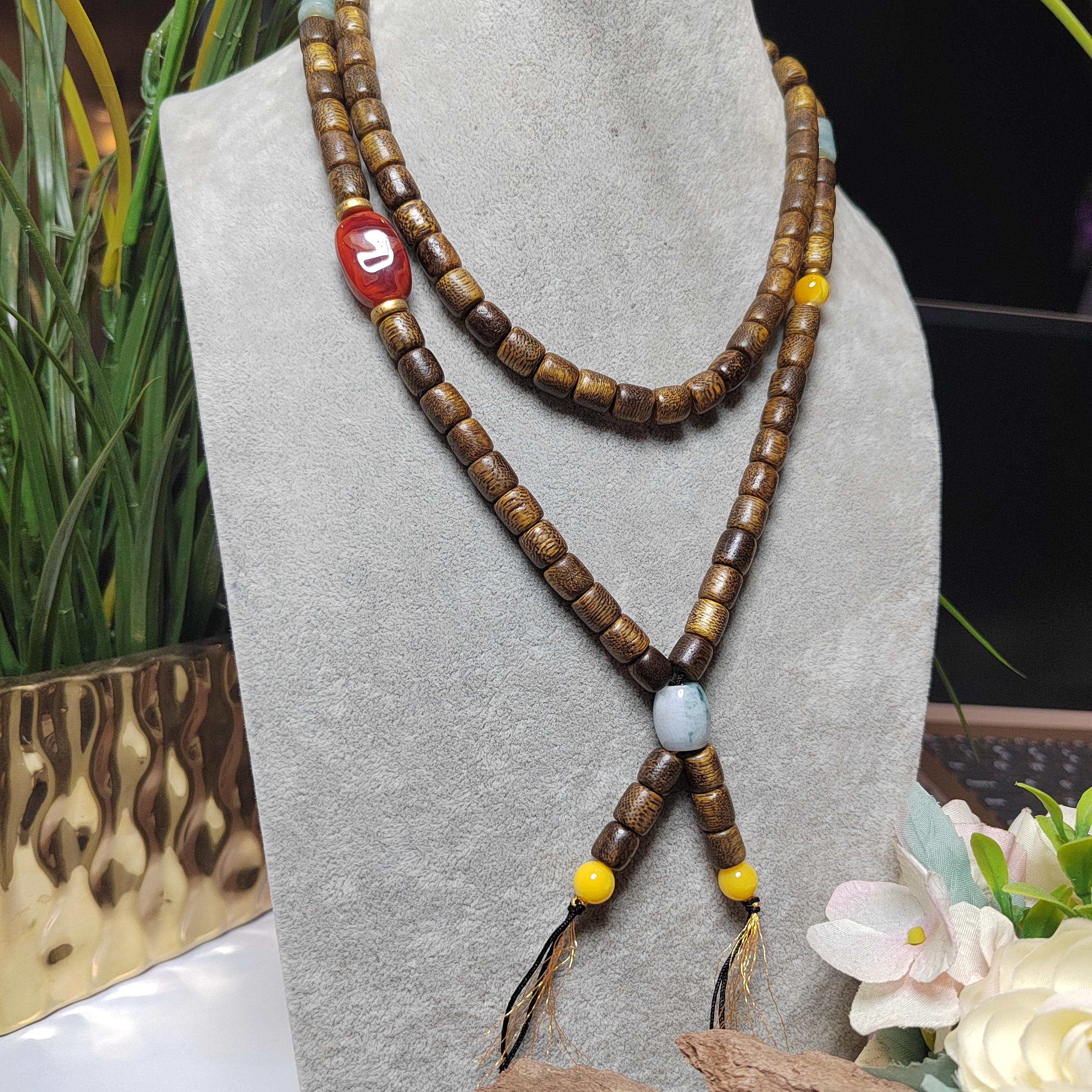 Handmade 94 cm Mala Necklace Waxi Nanhong Iron Skin Agate Burmese Jadeite Beeswax Amber Cultivated Brunei Golden-Thread Agarwood SL470