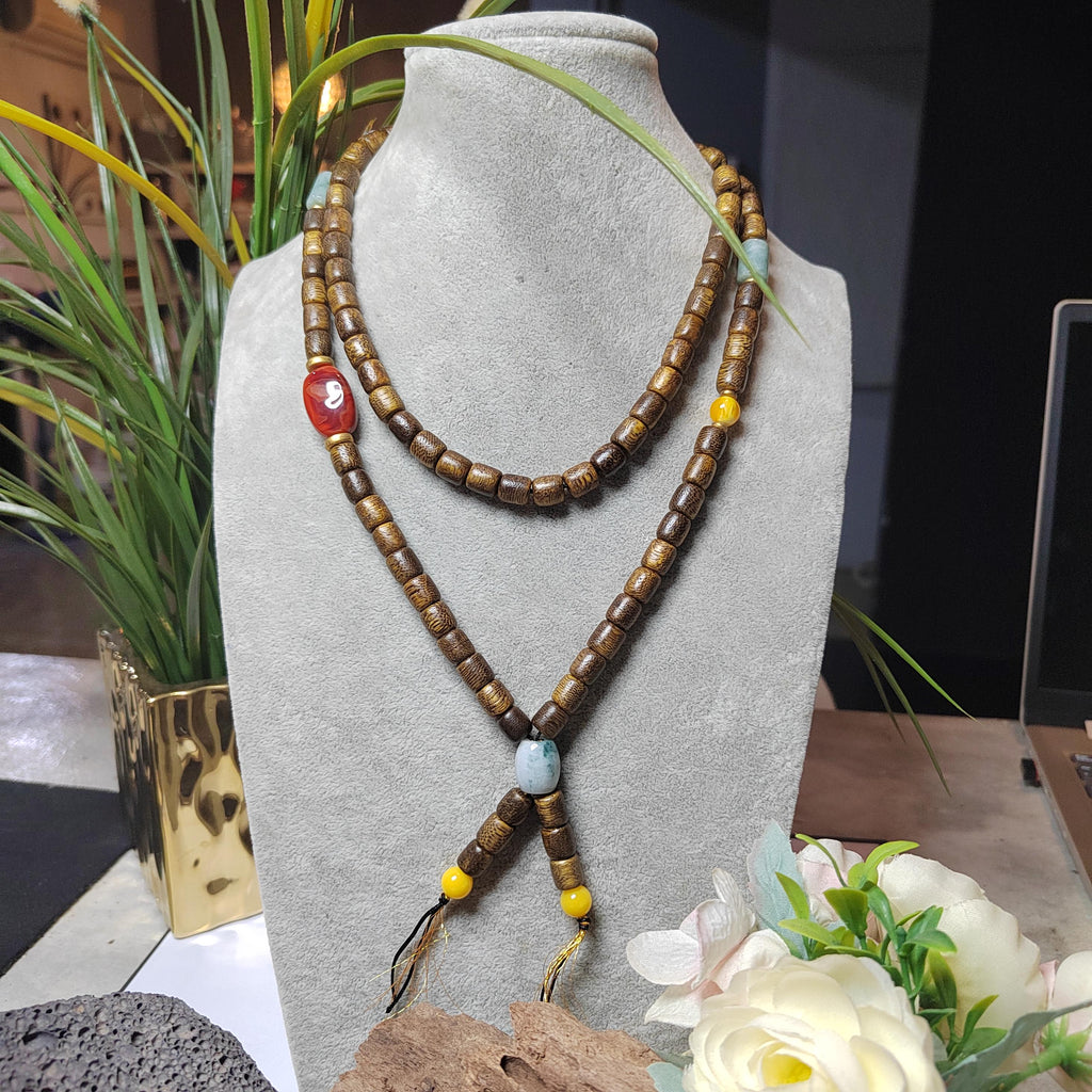 Handmade 94 cm Mala Necklace Waxi Nanhong Iron Skin Agate Burmese Jadeite Beeswax Amber Cultivated Brunei Golden-Thread Agarwood SL470