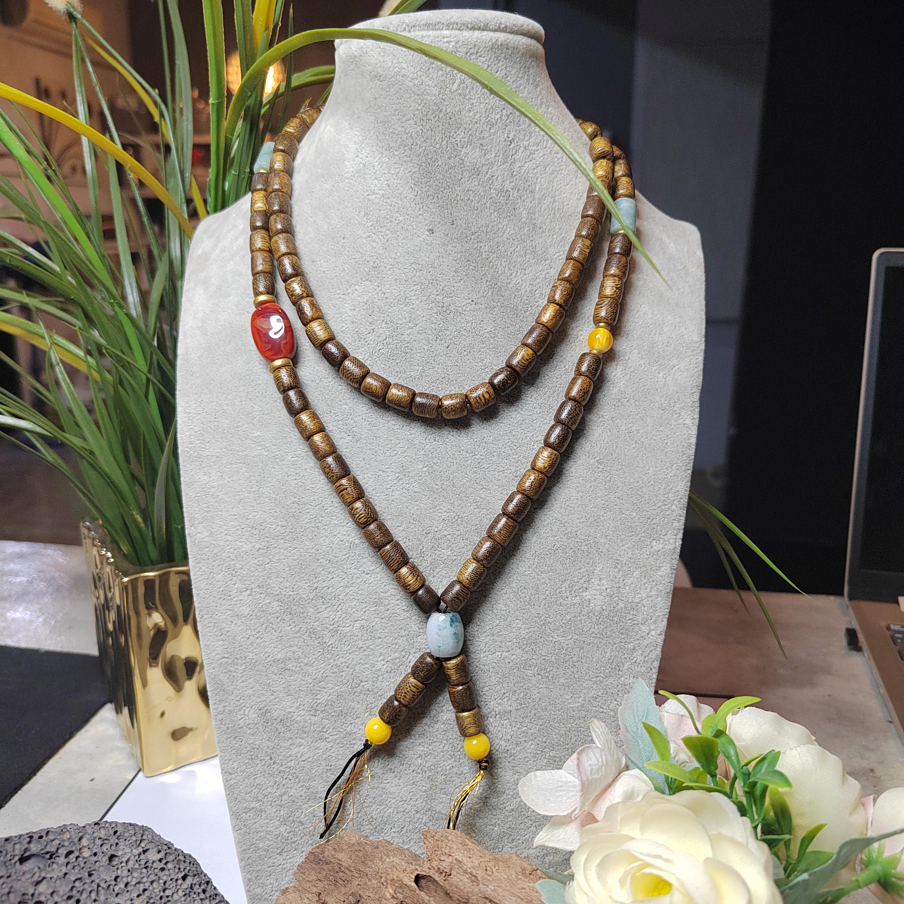 Handmade 94 cm Mala Necklace Waxi Nanhong Iron Skin Agate Burmese Jadeite Beeswax Amber Cultivated Brunei Golden-Thread Agarwood SL470