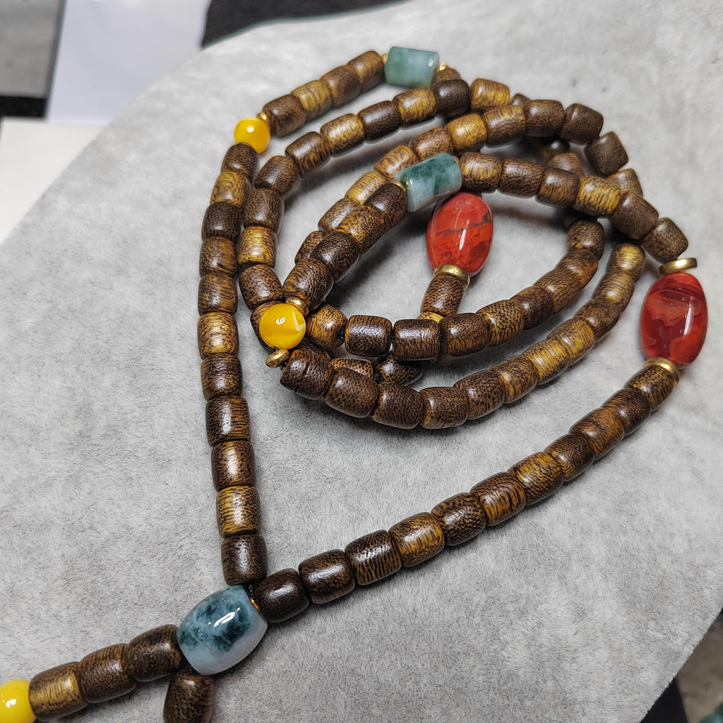Handmade 94 cm Mala Necklace Waxi Nanhong Iron Skin Agate Burmese Jadeite Beeswax Amber Cultivated Brunei Golden-Thread Agarwood SL470