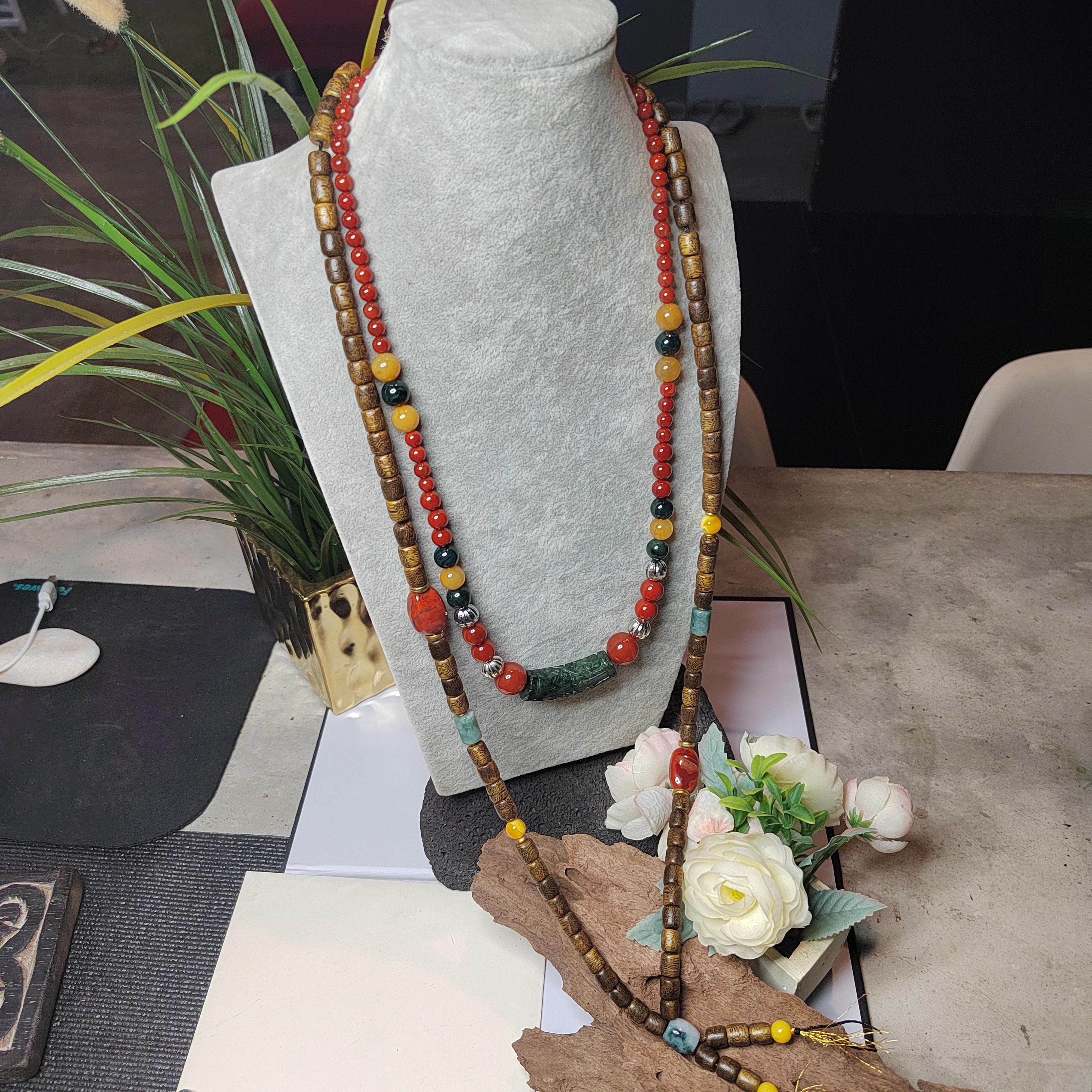 Handmade 94 cm Mala Necklace Waxi Nanhong Iron Skin Agate Burmese Jadeite Beeswax Amber Cultivated Brunei Golden-Thread Agarwood SL470