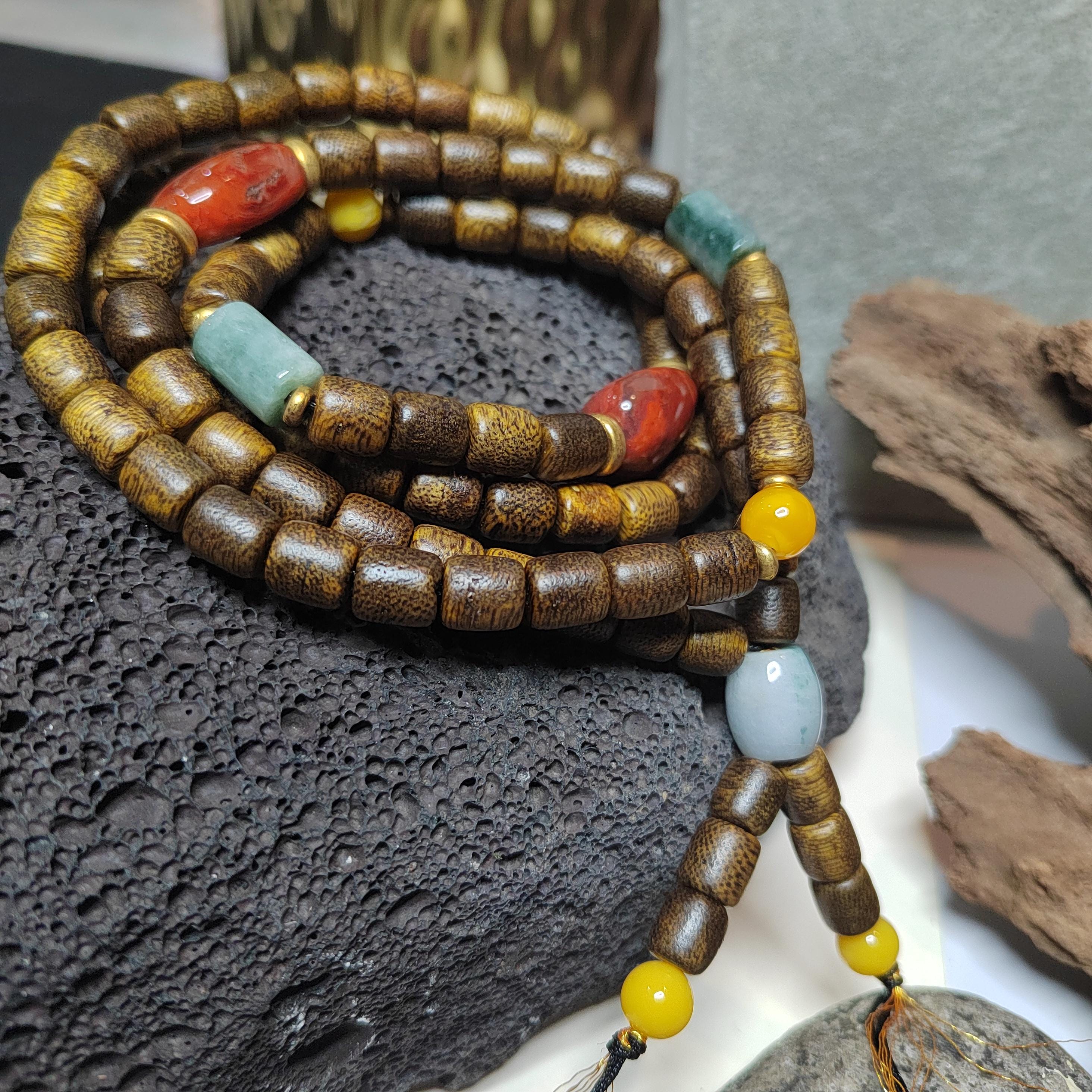 Handmade 94 cm Mala Necklace Waxi Nanhong Iron Skin Agate Burmese Jadeite Beeswax Amber Cultivated Brunei Golden-Thread Agarwood SL470