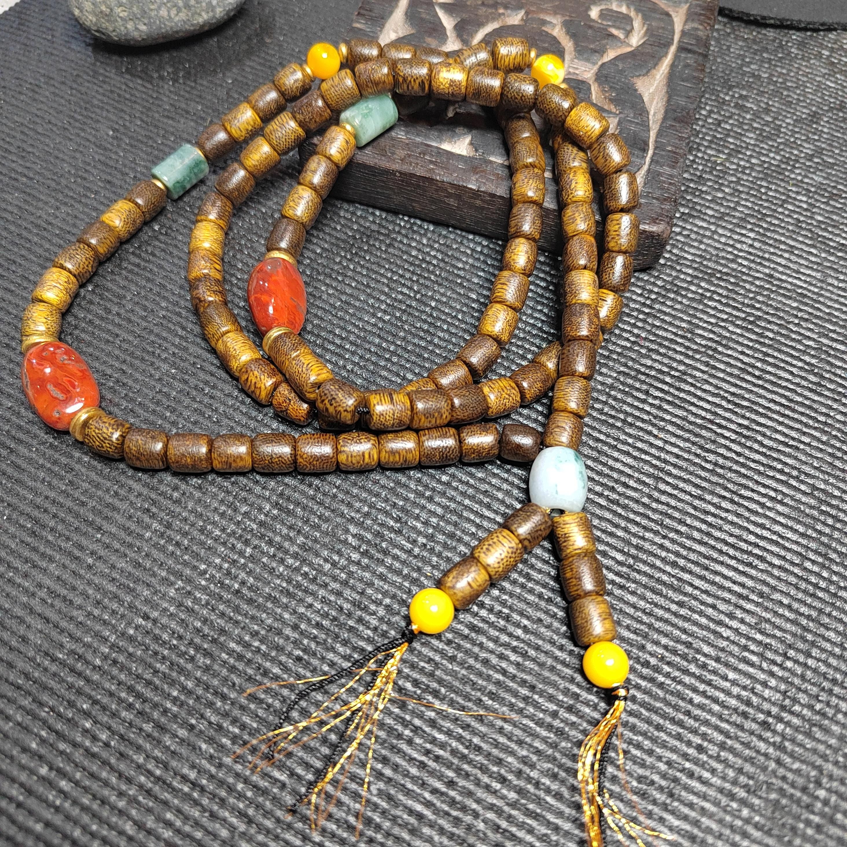 Handmade 94 cm Mala Necklace Waxi Nanhong Iron Skin Agate Burmese Jadeite Beeswax Amber Cultivated Brunei Golden-Thread Agarwood SL470