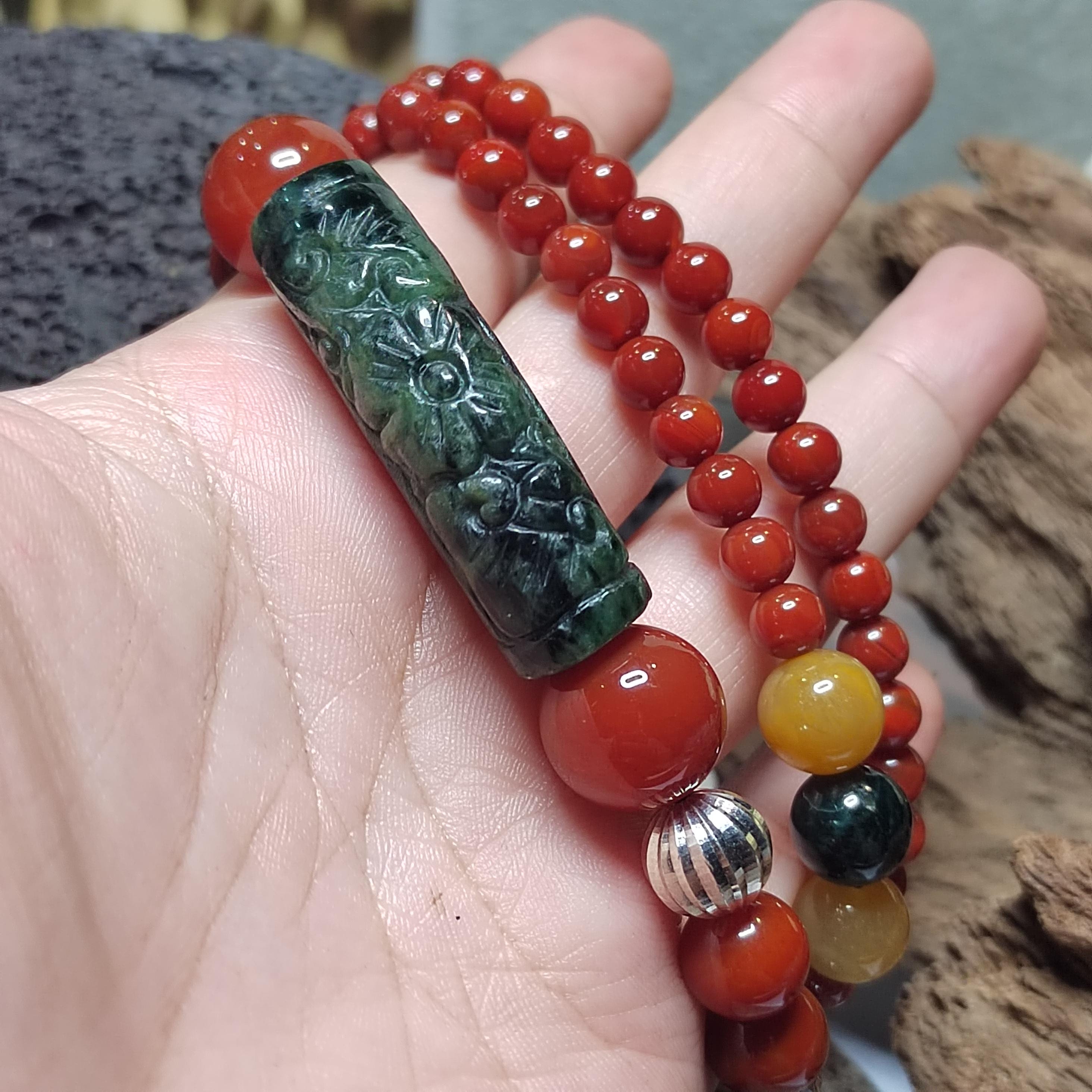 Handmade 65 cm Gemstone Necklace Huanglong Jade Waxi Nanhong Agate  Baoshan Nanhong Burmese Black Ink Jadeite Hand-Carved Jade Tube SL471