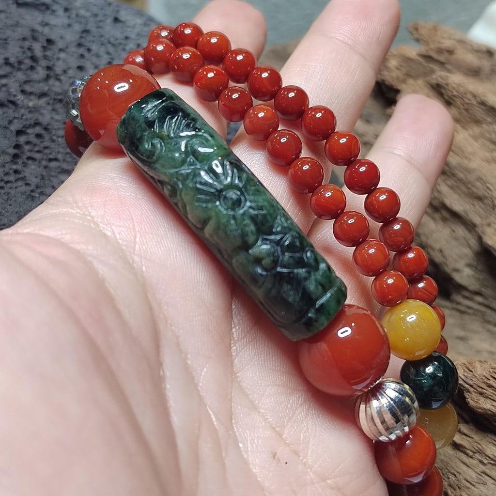Handmade 65 cm Gemstone Necklace Huanglong Jade Waxi Nanhong Agate  Baoshan Nanhong Burmese Black Ink Jadeite Hand-Carved Jade Tube SL471