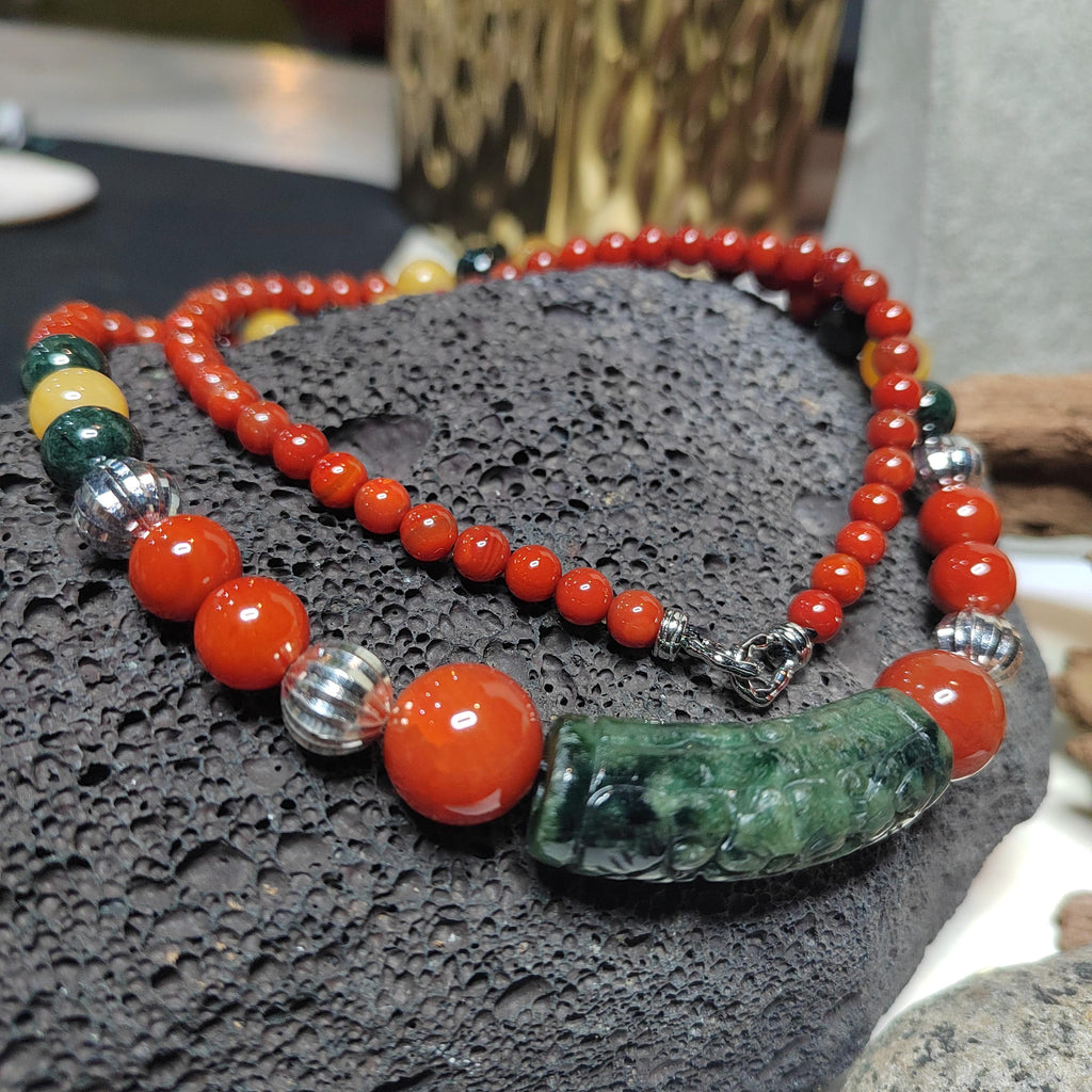 Handmade 65 cm Gemstone Necklace Huanglong Jade Waxi Nanhong Agate  Baoshan Nanhong Burmese Black Ink Jadeite Hand-Carved Jade Tube SL471