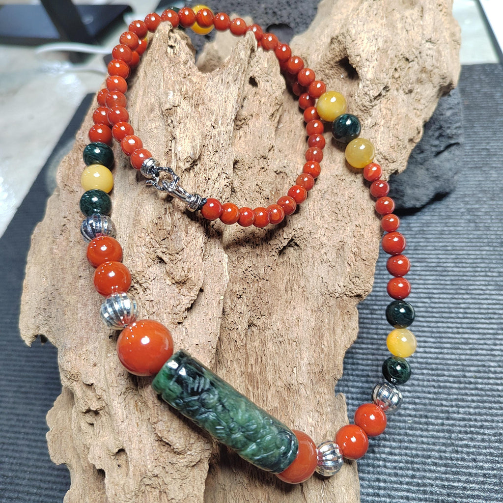 Handmade 65 cm Gemstone Necklace Huanglong Jade Waxi Nanhong Agate  Baoshan Nanhong Burmese Black Ink Jadeite Hand-Carved Jade Tube SL471