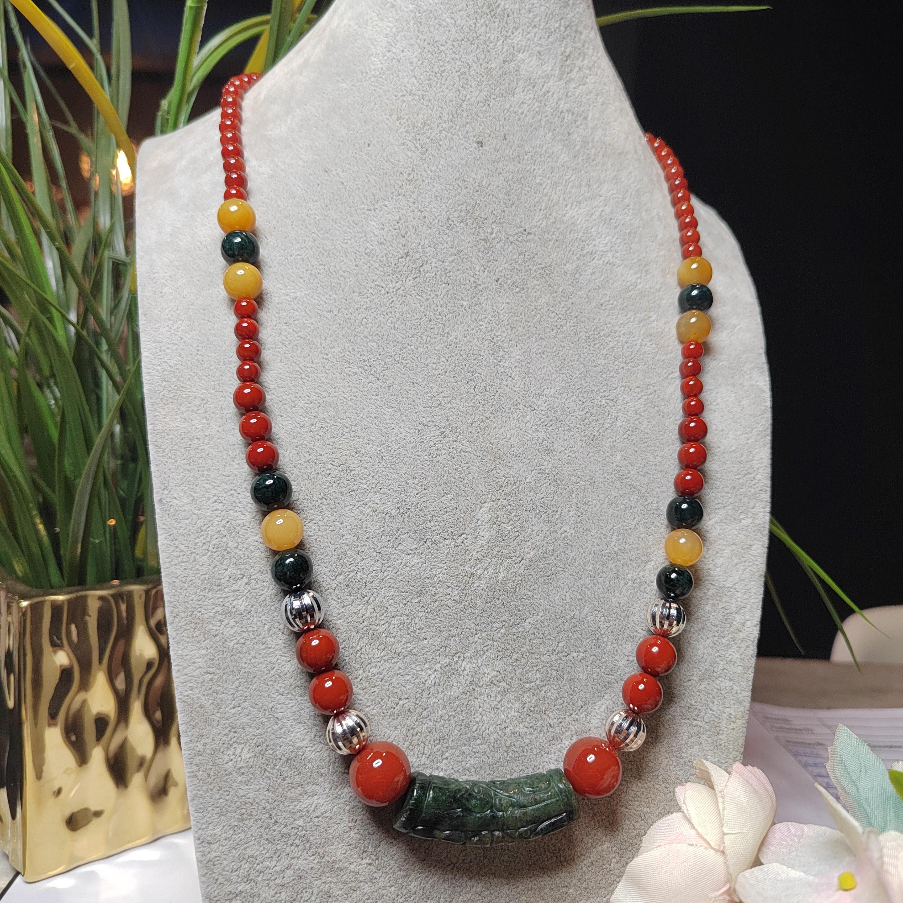 Handmade 65 cm Gemstone Necklace Huanglong Jade Waxi Nanhong Agate  Baoshan Nanhong Burmese Black Ink Jadeite Hand-Carved Jade Tube SL471