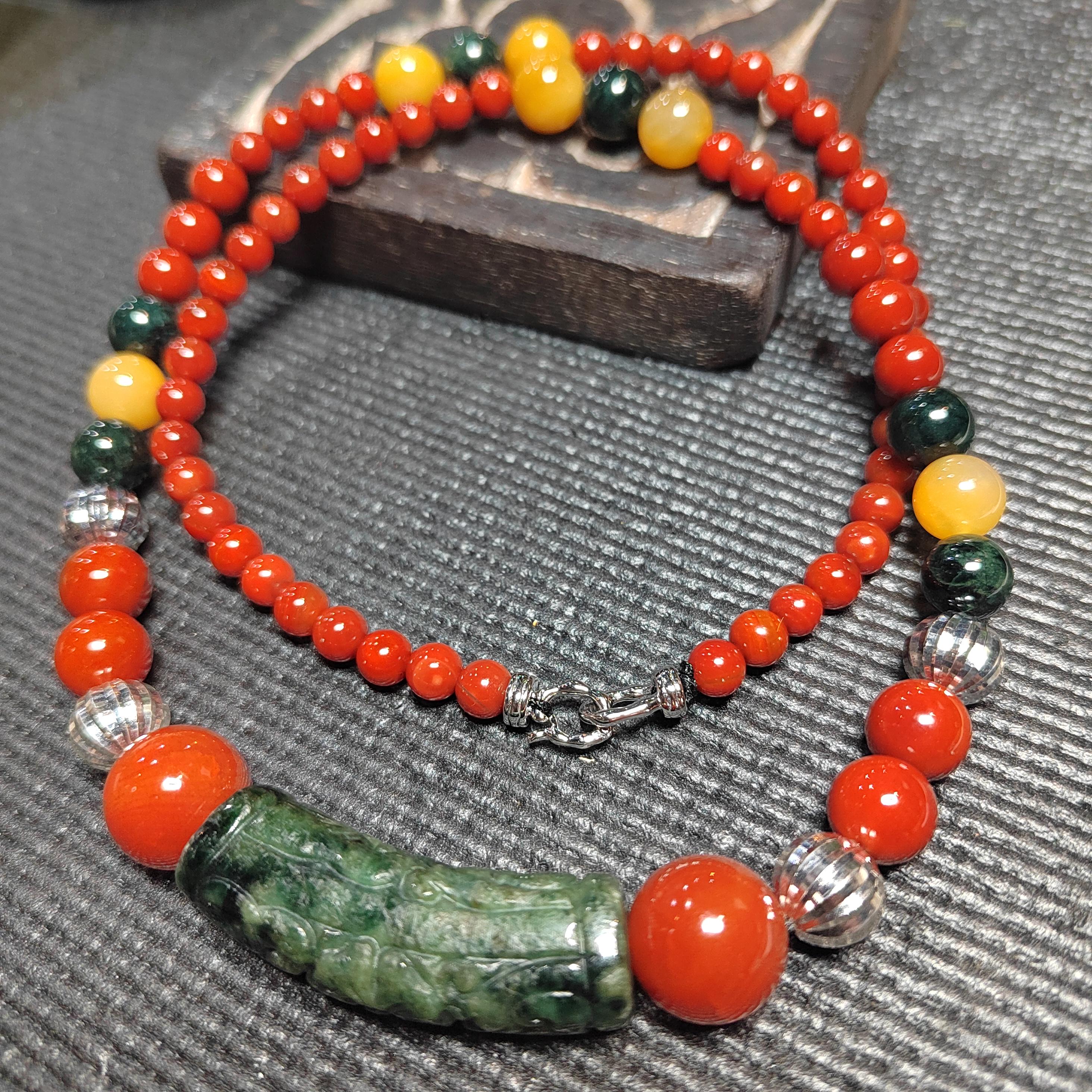 Handmade 65 cm Gemstone Necklace Huanglong Jade Waxi Nanhong Agate  Baoshan Nanhong Burmese Black Ink Jadeite Hand-Carved Jade Tube SL471