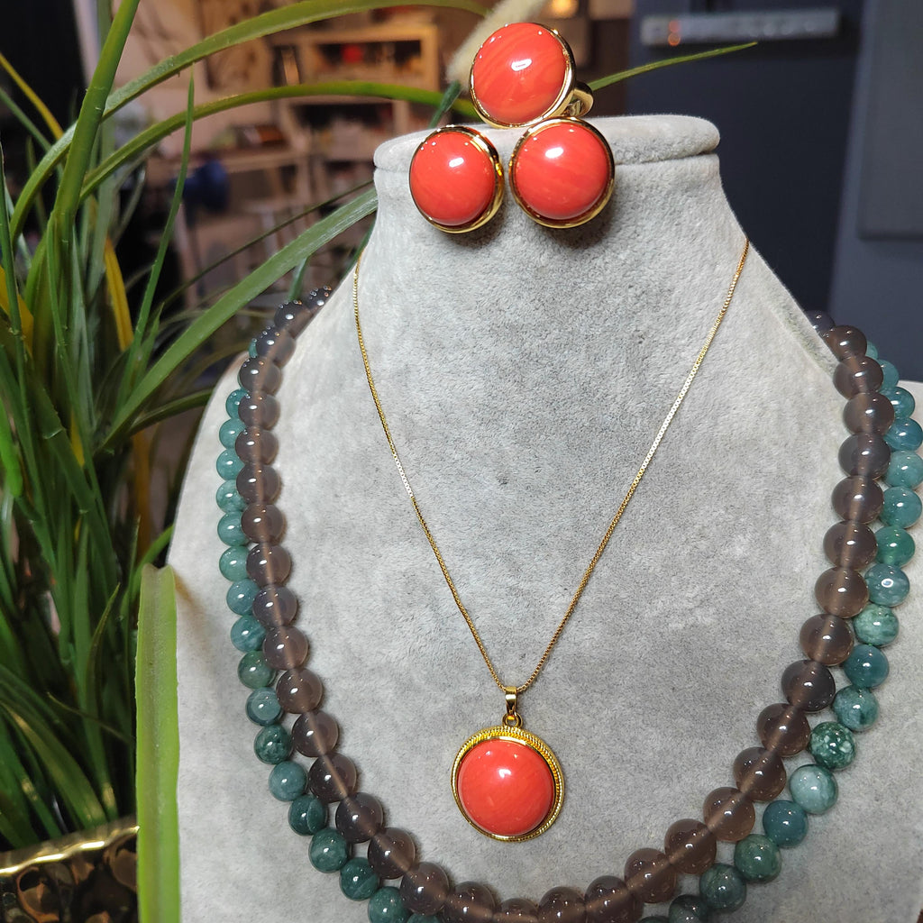 Certified Cultivated Momo Beautiful 3pcs Set Round Elegant Design Natural Coral Earrings - Ring - Pendant/Chain SL357