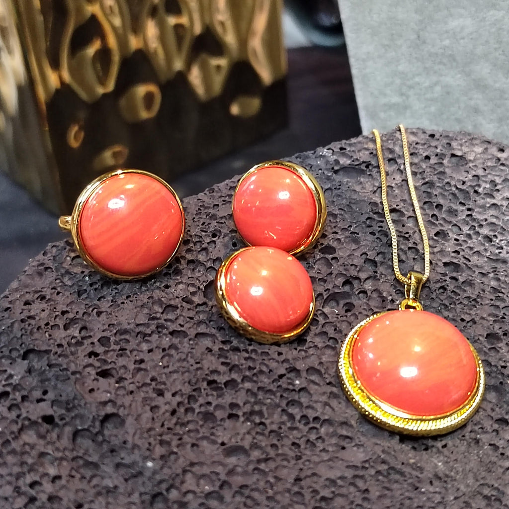 Certified Cultivated Momo Beautiful 3pcs Set Round Elegant Design Natural Coral Earrings - Ring - Pendant/Chain SL357
