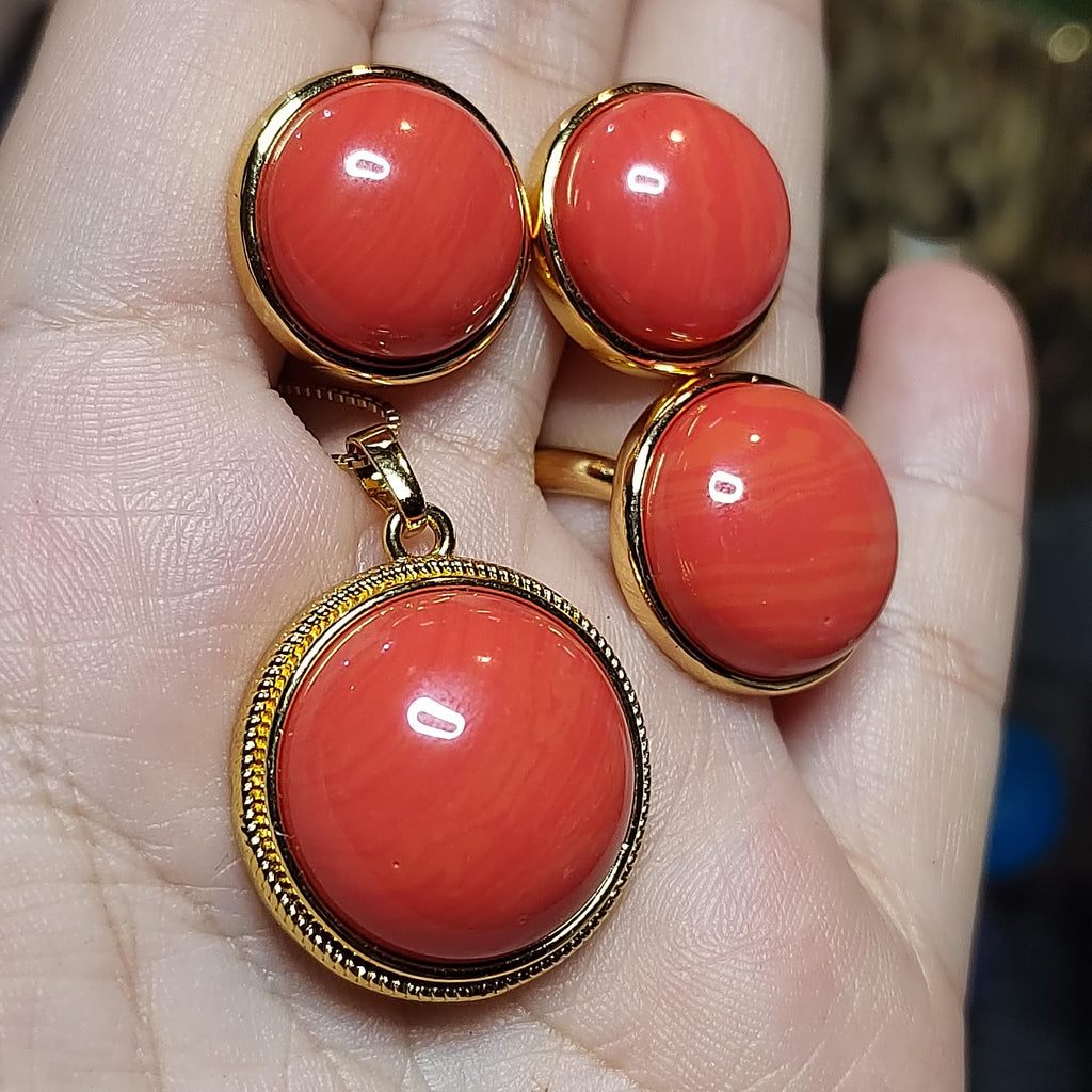 Certified Cultivated Momo Beautiful 3pcs Set Round Elegant Design Natural Coral Earrings - Ring - Pendant/Chain SL357
