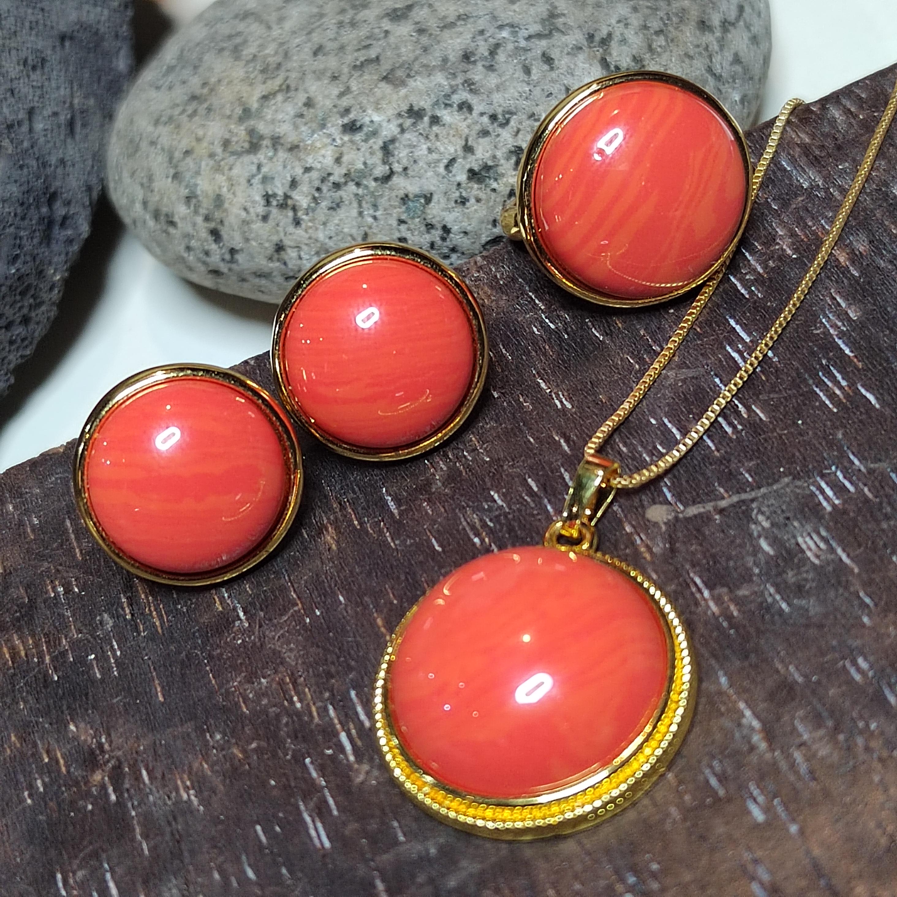 Certified Cultivated Momo Beautiful 3pcs Set Round Elegant Design Natural Coral Earrings - Ring - Pendant/Chain SL357