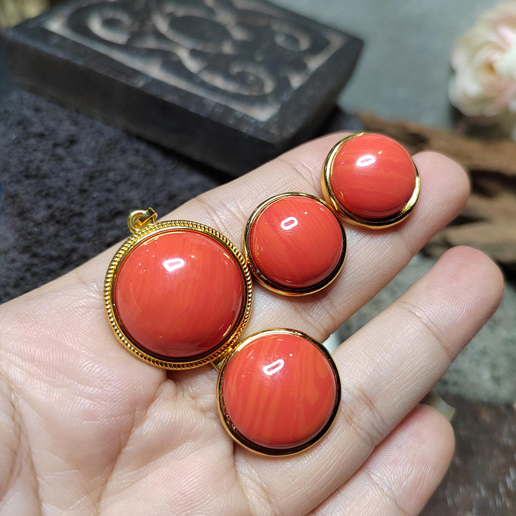 Certified Cultivated Momo Beautiful 3pcs Set Round Elegant Design Natural Coral Earrings - Ring - Pendant/Chain SL357