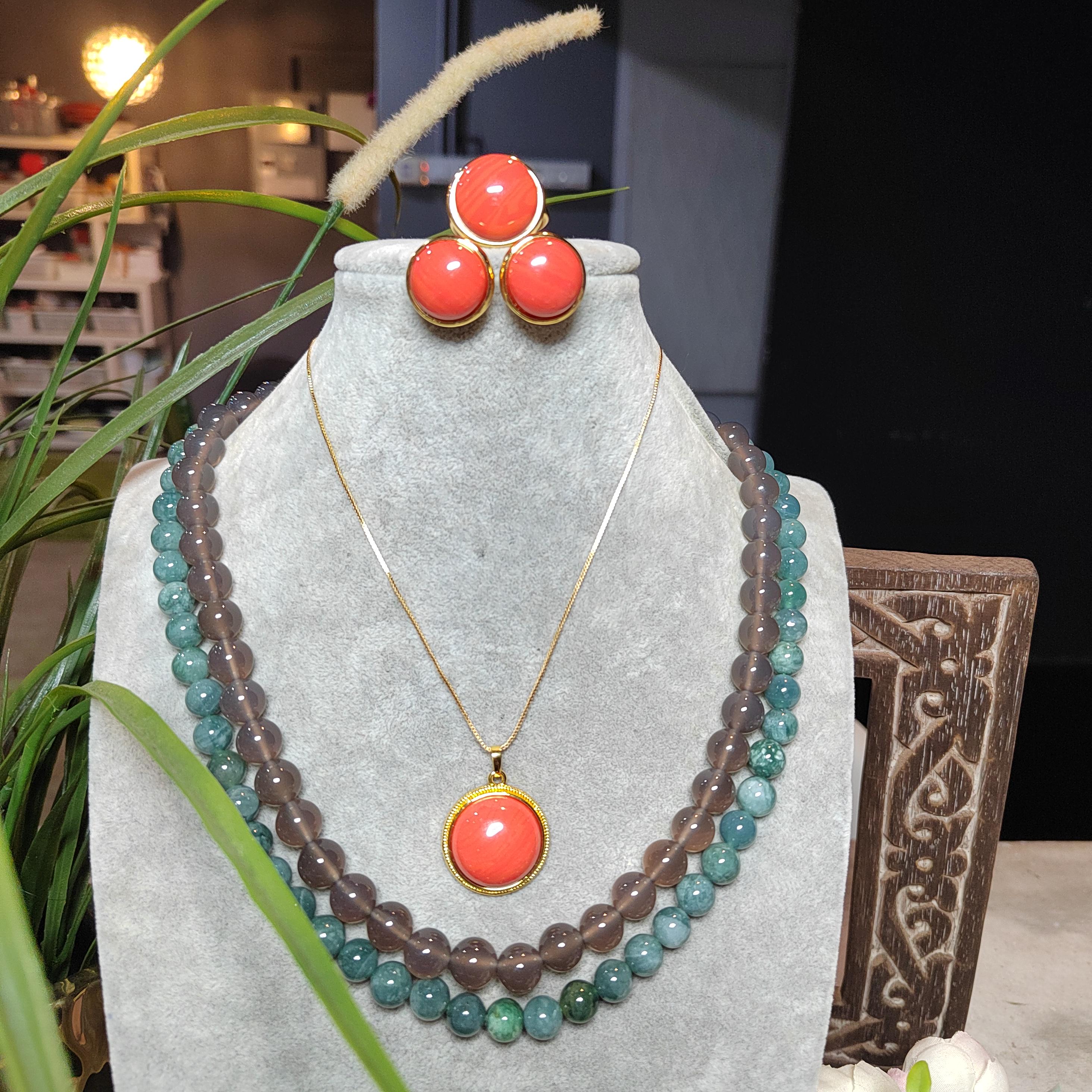 Certified Cultivated Momo Beautiful 3pcs Set Round Elegant Design Natural Coral Earrings - Ring - Pendant/Chain SL357