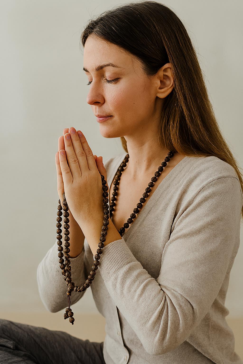 Woman meditating with hands in prayer position wearing a beige sweater.