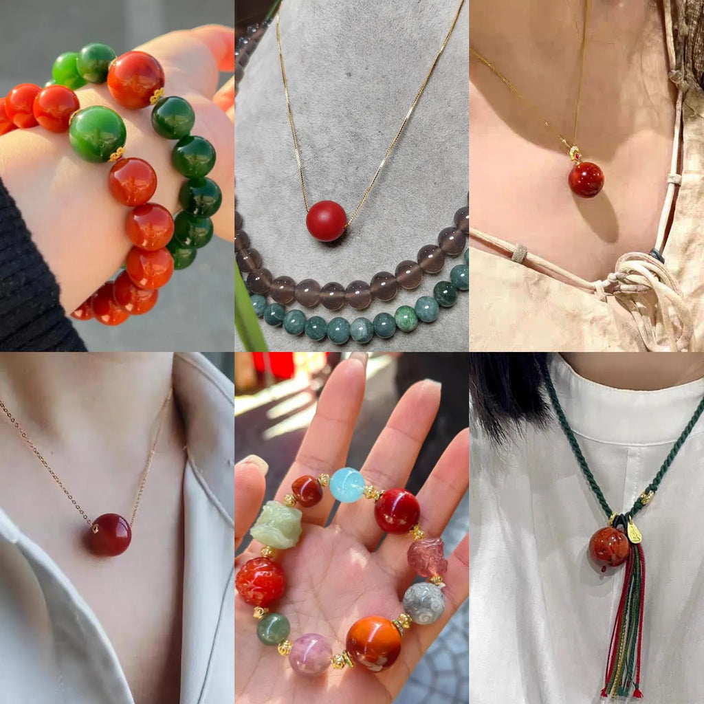 Collage of various gemstone jewelry including necklaces and bracelets.