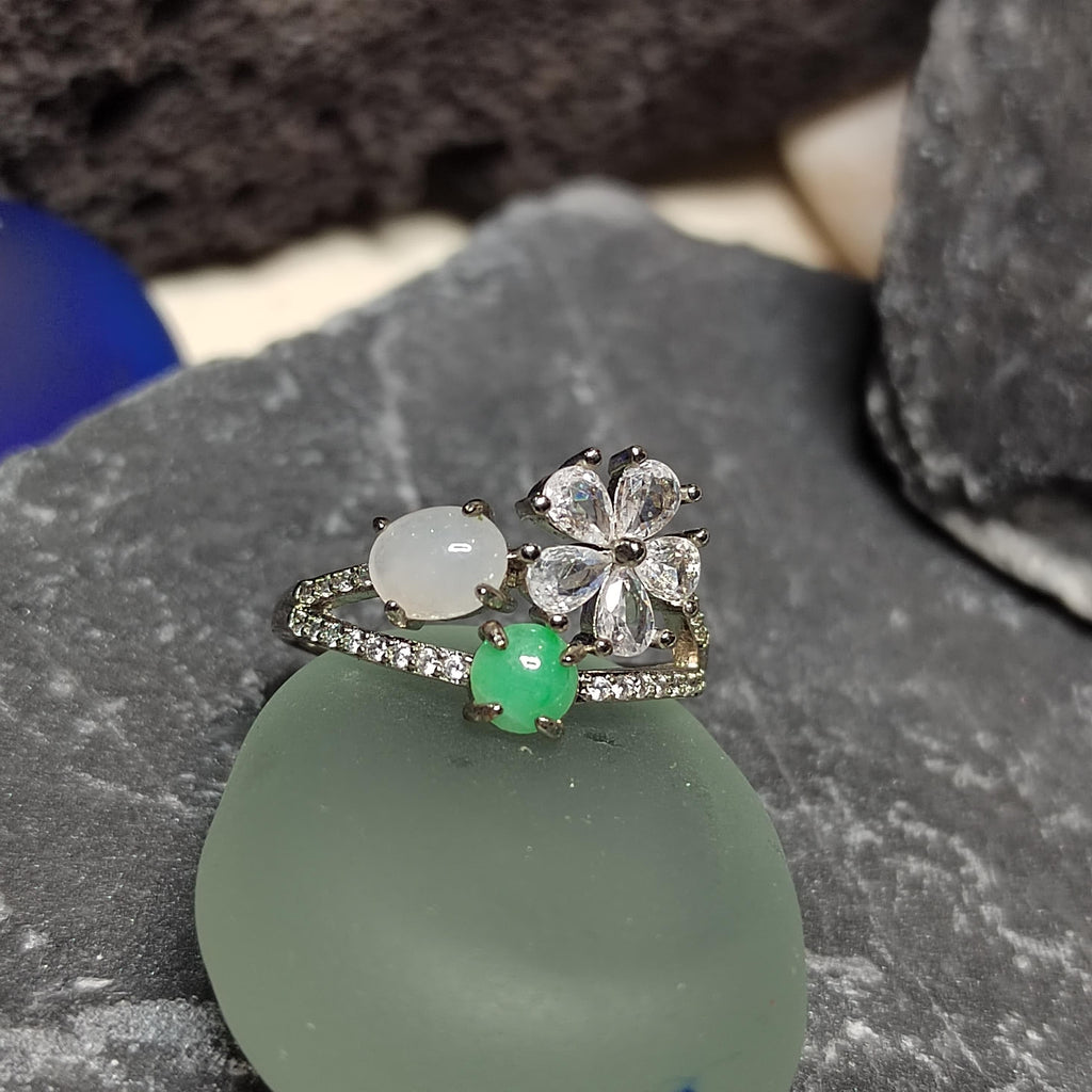 Certified A-Grade Burmese Apple Green & Icy White Jadeite Ring | 18K Gold-Plated S925 Silver | Adjustable Floral Zircon Design | SL189 SL Precious