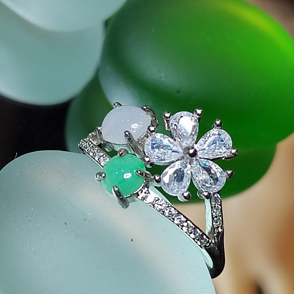 Certified A-Grade Burmese Apple Green & Icy White Jadeite Ring | 18K Gold-Plated S925 Silver | Adjustable Floral Zircon Design | SL189 SL Precious