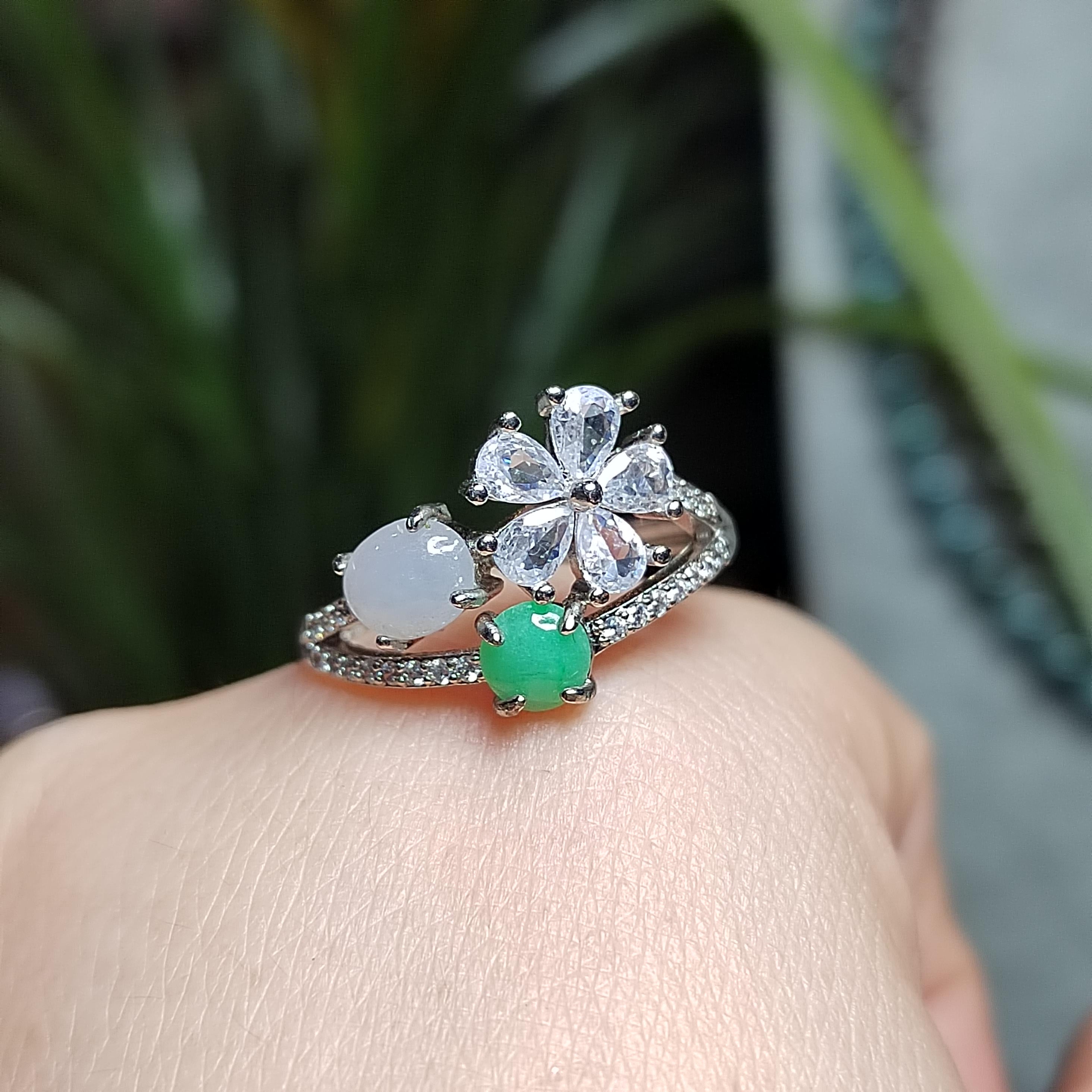 Certified A-Grade Burmese Apple Green & Icy White Jadeite Ring | 18K Gold-Plated S925 Silver | Adjustable Floral Zircon Design | SL189 SL Precious