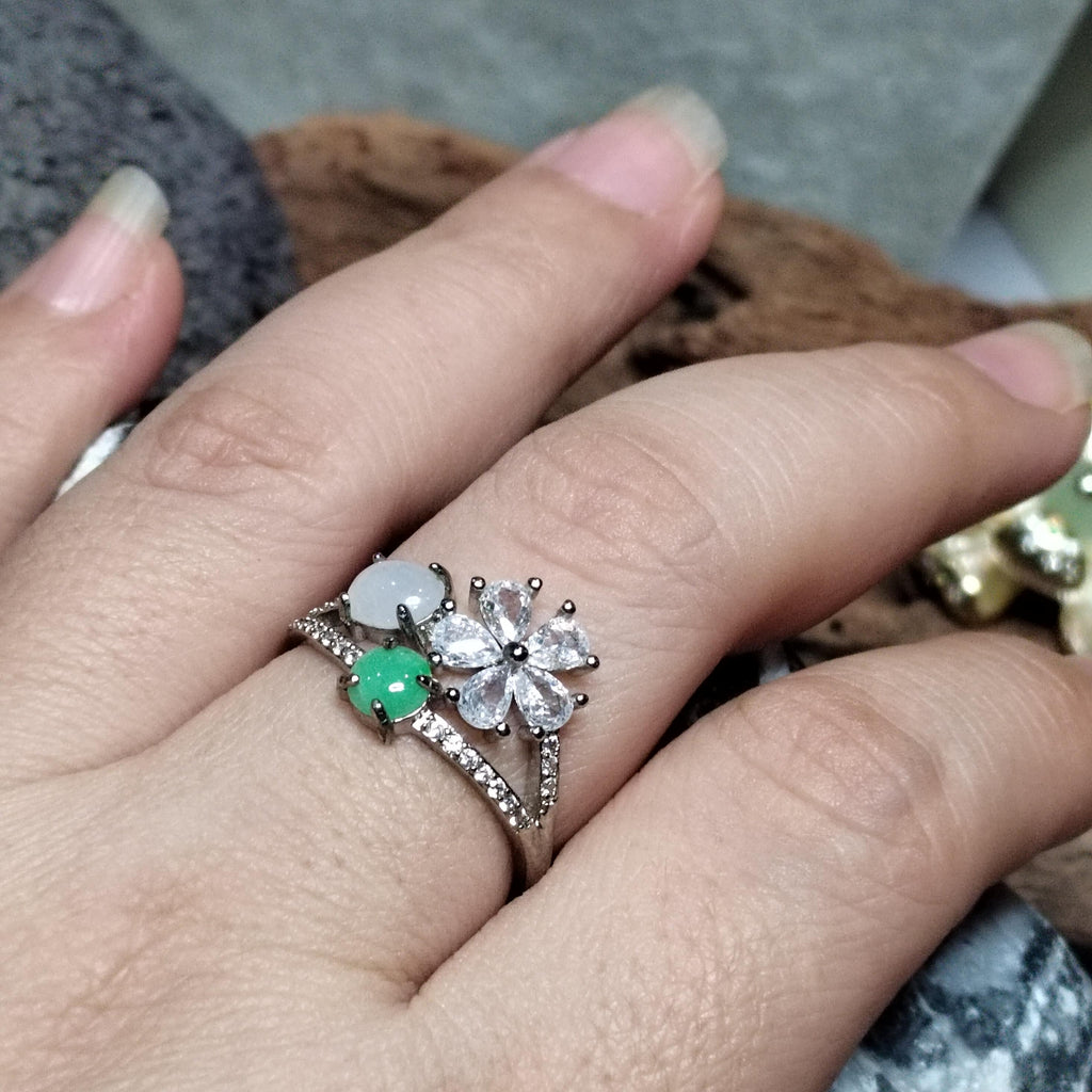 Certified A-Grade Burmese Apple Green & Icy White Jadeite Ring | 18K Gold-Plated S925 Silver | Adjustable Floral Zircon Design | SL189 SL Precious