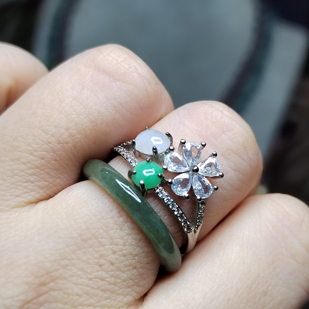Certified A-Grade Burmese Apple Green & Icy White Jadeite Ring | 18K Gold-Plated S925 Silver | Adjustable Floral Zircon Design | SL189 SL Precious