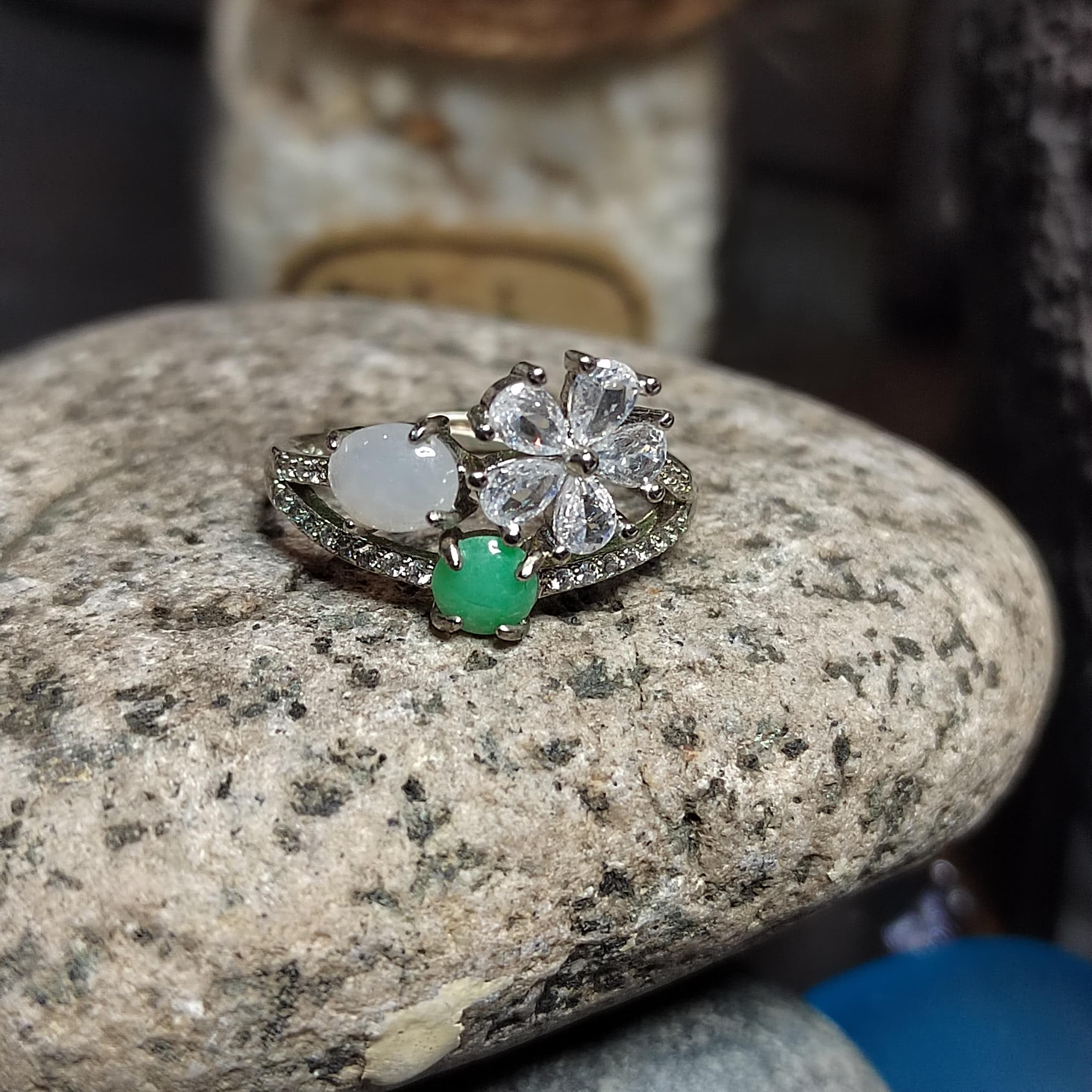 Certified A-Grade Burmese Apple Green & Icy White Jadeite Ring | 18K Gold-Plated S925 Silver | Adjustable Floral Zircon Design | SL189 SL Precious