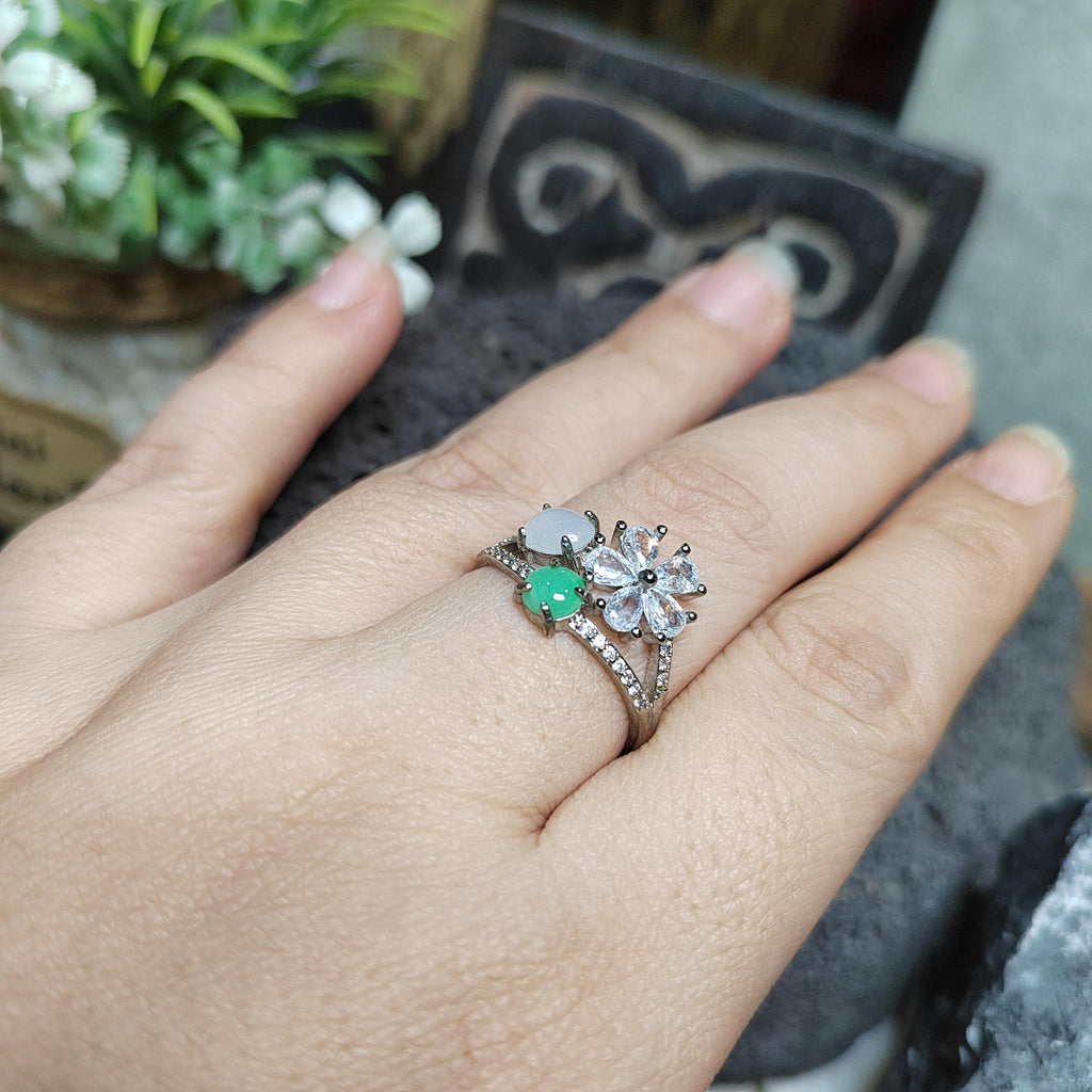 Certified A-Grade Burmese Apple Green & Icy White Jadeite Ring | 18K Gold-Plated S925 Silver | Adjustable Floral Zircon Design | SL189 SL Precious