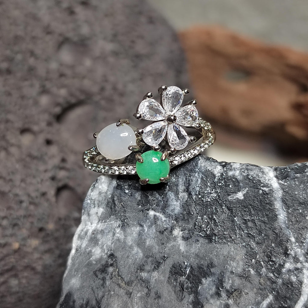Certified A-Grade Burmese Apple Green & Icy White Jadeite Ring | 18K Gold-Plated S925 Silver | Adjustable Floral Zircon Design | SL189 SL Precious