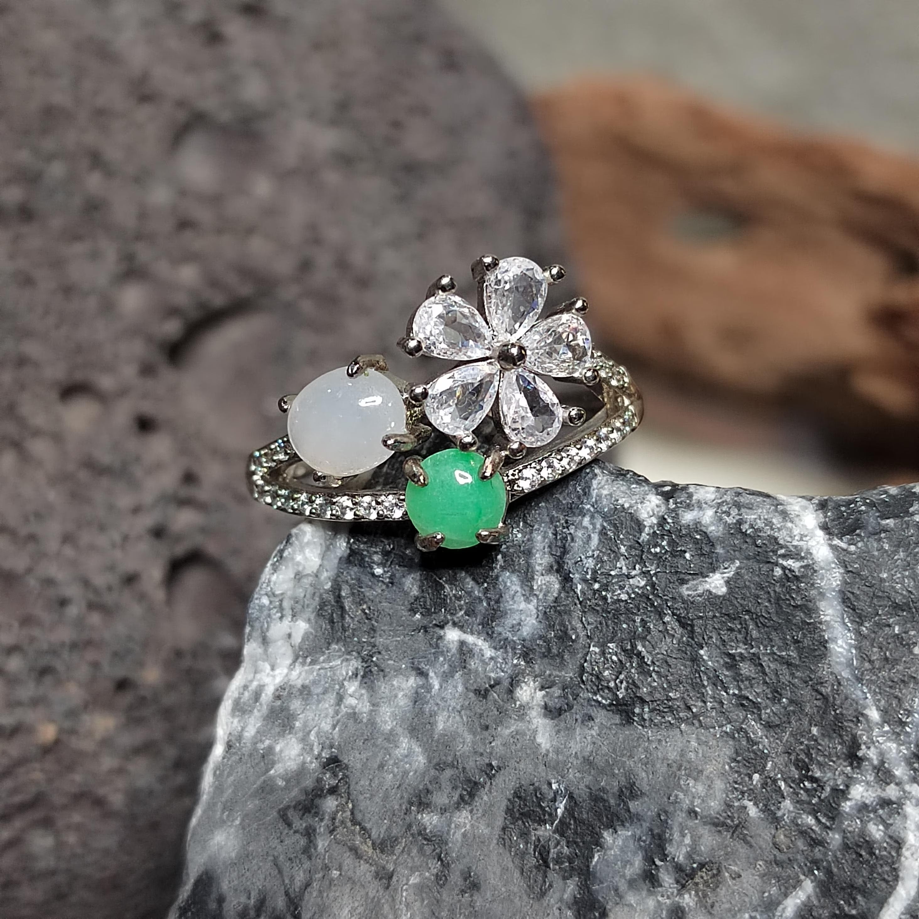 Certified A-Grade Burmese Apple Green & Icy White Jadeite Ring | 18K Gold-Plated S925 Silver | Adjustable Floral Zircon Design | SL189 SL Precious