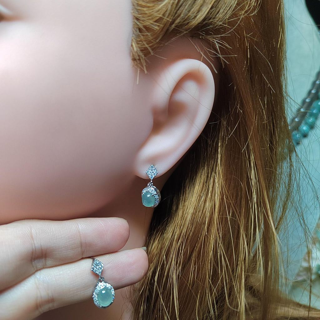 Certified A-Grade Icy Burmese Jadeite Earrings | 18K White Gold-Plated S925 Silver | Minimalist Oval Cabochon with Zircon Halo | SL209 SL Precious