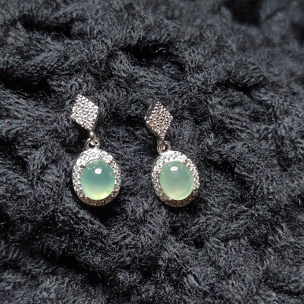 Certified A-Grade Icy Burmese Jadeite Earrings | 18K White Gold-Plated S925 Silver | Minimalist Oval Cabochon with Zircon Halo | SL209 SL Precious