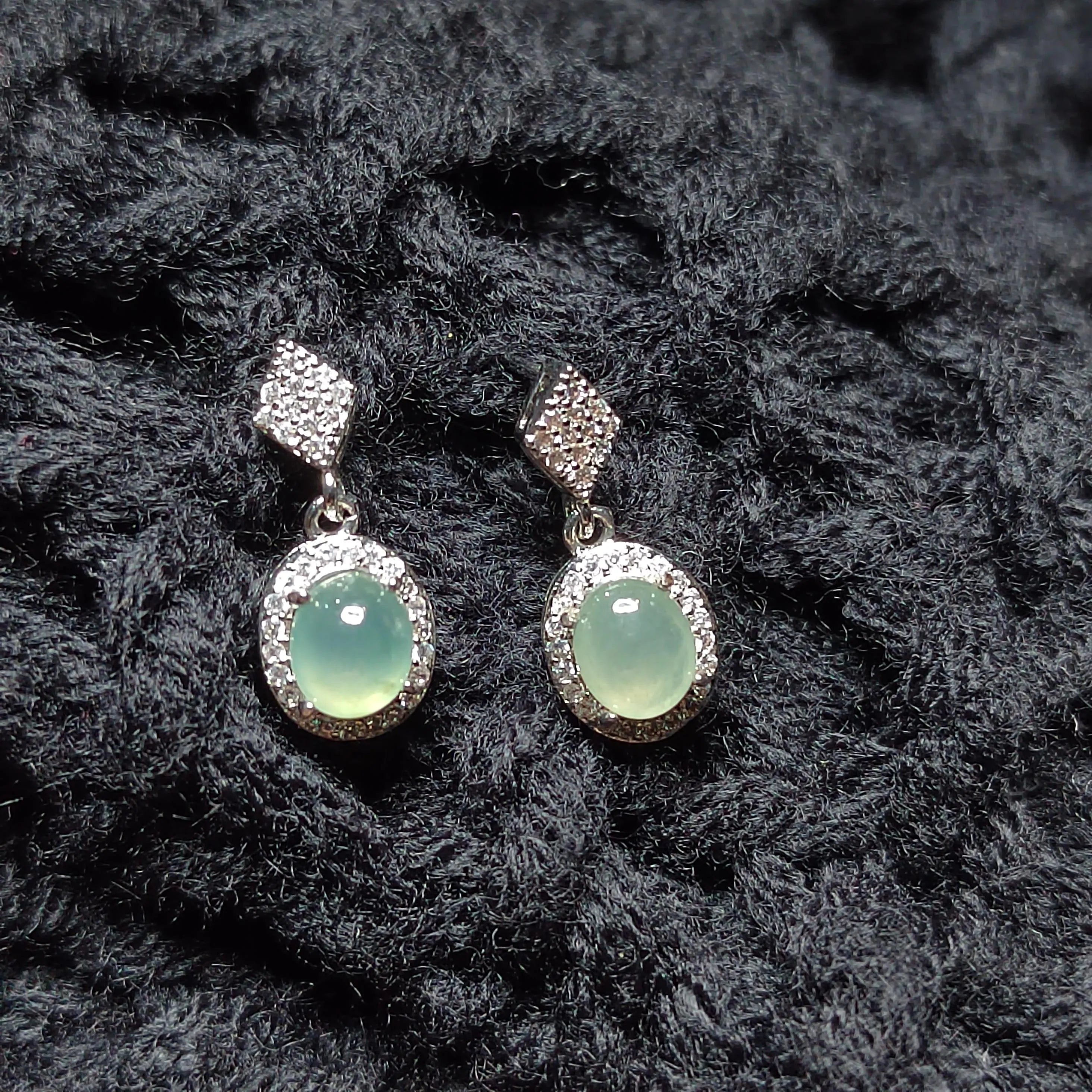 Certified A-Grade Icy Burmese Jadeite Earrings | 18K White Gold-Plated S925 Silver | Minimalist Oval Cabochon with Zircon Halo | SL209 SL Precious