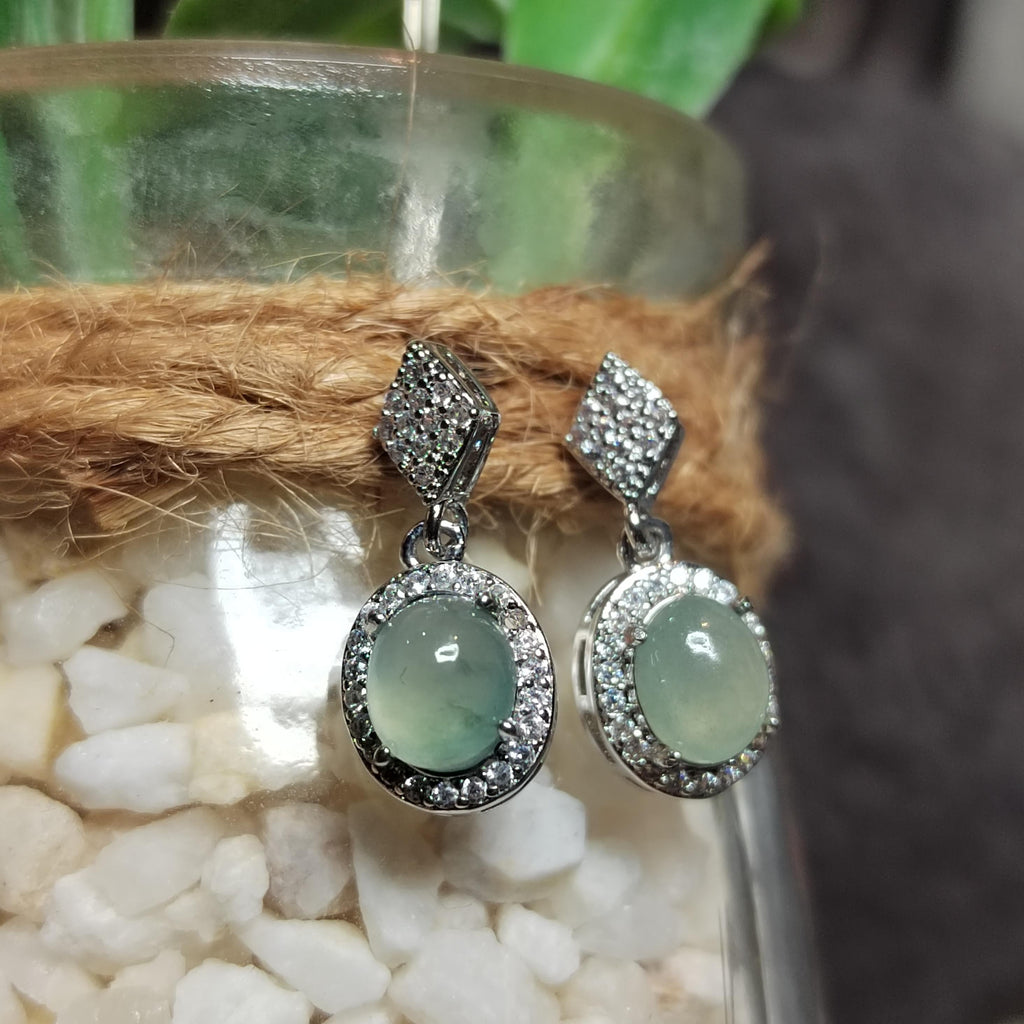 Certified A-Grade Icy Burmese Jadeite Earrings | 18K White Gold-Plated S925 Silver | Minimalist Oval Cabochon with Zircon Halo | SL209 SL Precious