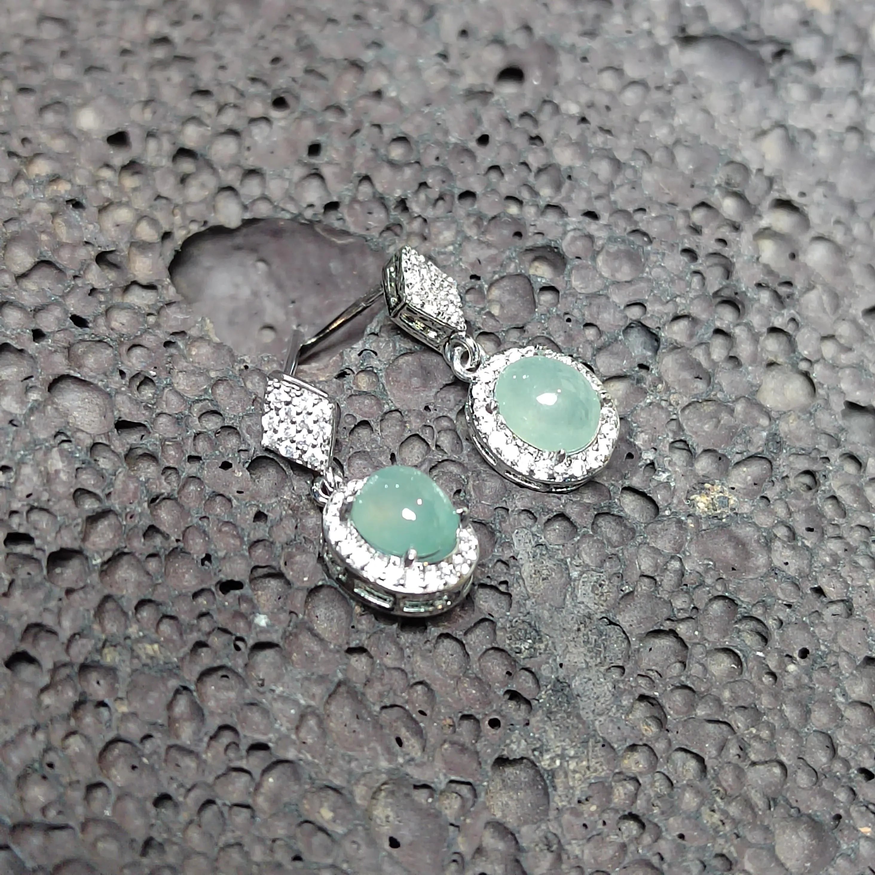 Certified A-Grade Icy Burmese Jadeite Earrings | 18K White Gold-Plated S925 Silver | Minimalist Oval Cabochon with Zircon Halo | SL209 SL Precious