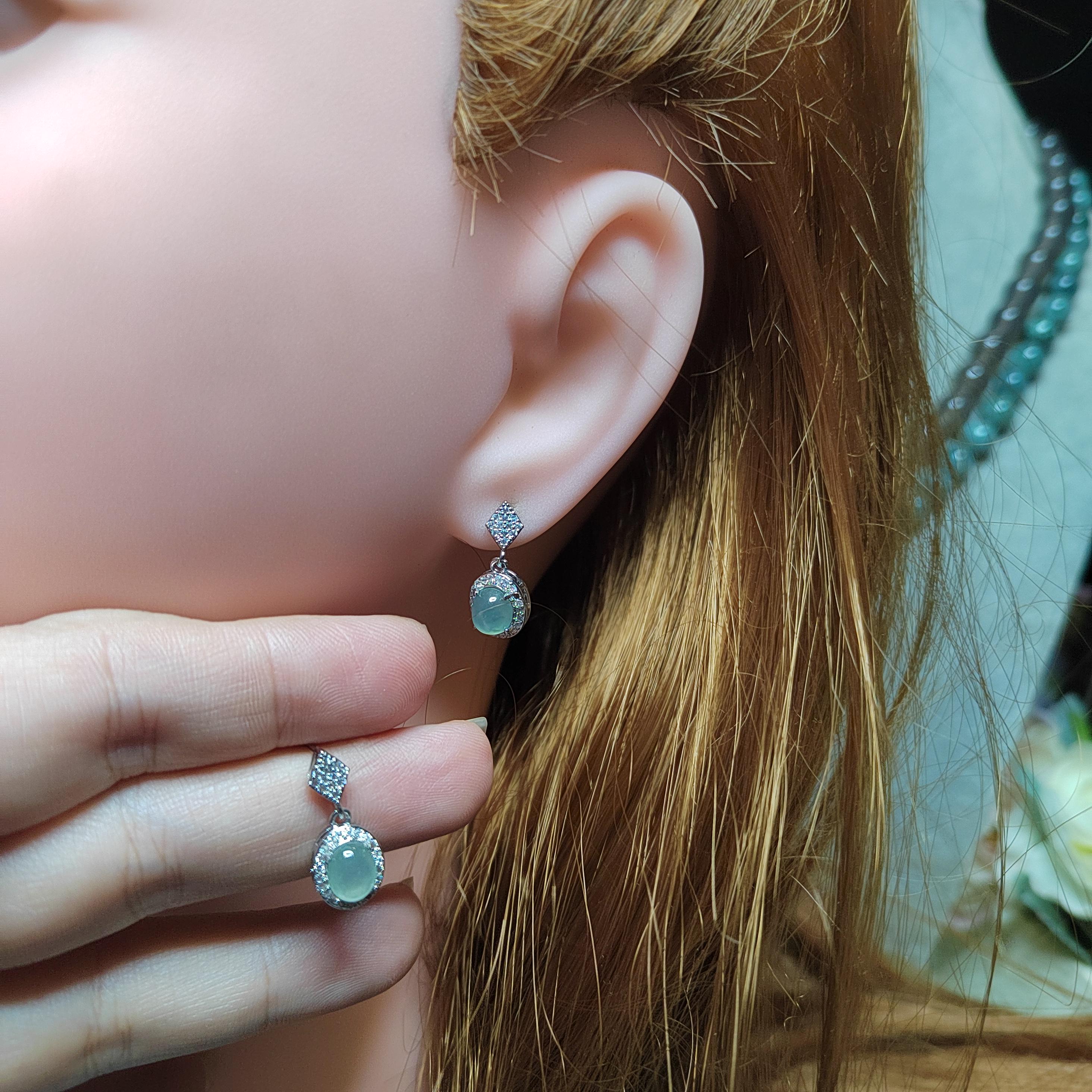 Certified A-Grade Icy Burmese Jadeite Earrings | 18K White Gold-Plated S925 Silver | Minimalist Oval Cabochon with Zircon Halo | SL209 SL Precious