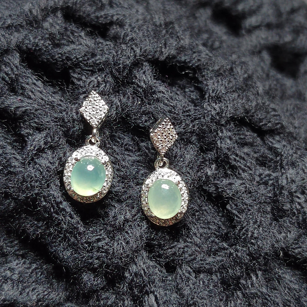 Certified A-Grade Icy Burmese Jadeite Earrings | 18K White Gold-Plated S925 Silver | Minimalist Oval Cabochon with Zircon Halo | SL209 SL Precious