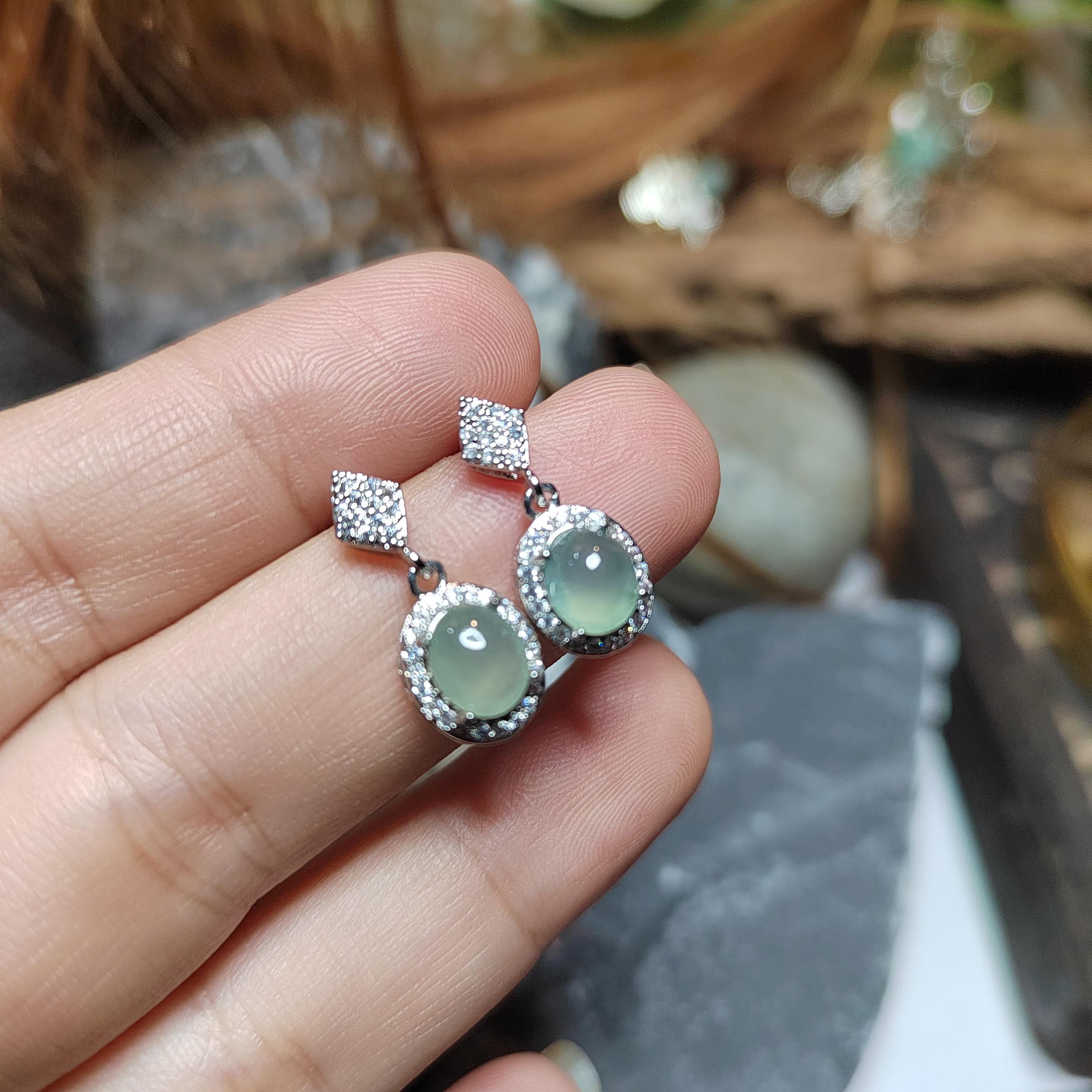 Certified A-Grade Icy Burmese Jadeite Earrings | 18K White Gold-Plated S925 Silver | Minimalist Oval Cabochon with Zircon Halo | SL209 SL Precious
