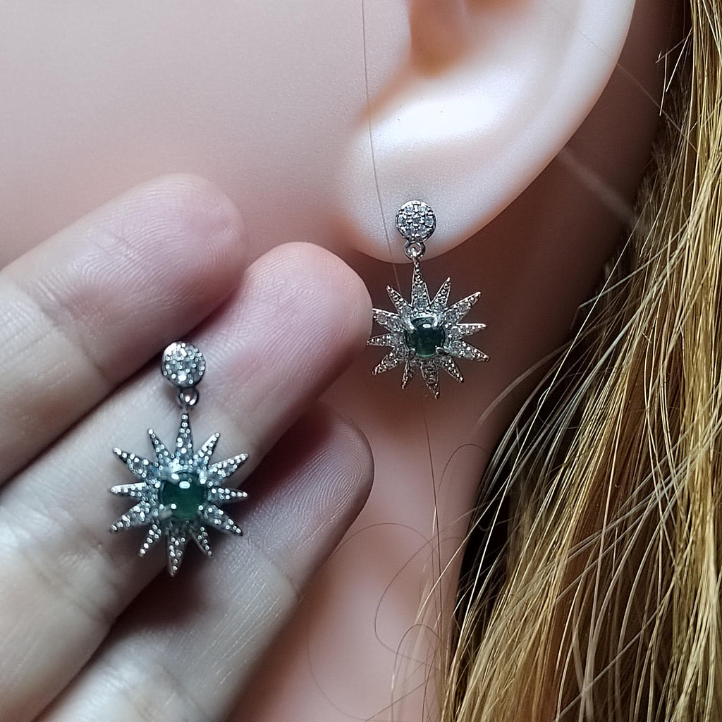 Certified A-Grade Natural Guatemala Jadeite Starburst Earrings | S925 Silver | Sparkling Zircon Drop Design | SL496 SL Precious