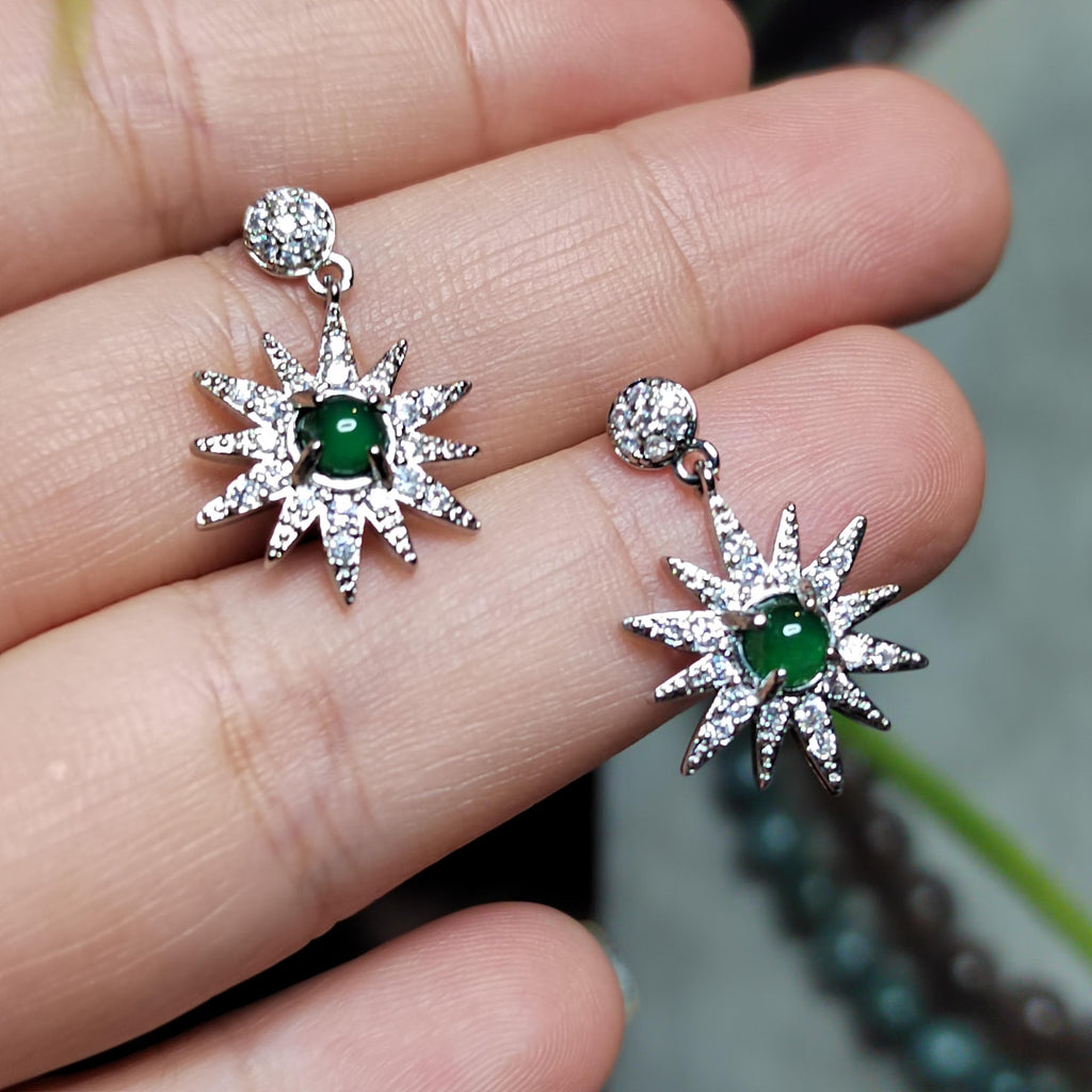 Certified A-Grade Natural Guatemala Jadeite Starburst Earrings | S925 Silver | Sparkling Zircon Drop Design | SL496 SL Precious