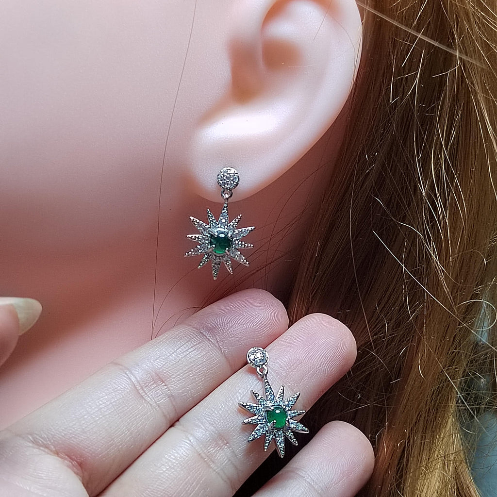 Certified A-Grade Natural Guatemala Jadeite Starburst Earrings | S925 Silver | Sparkling Zircon Drop Design | SL496 SL Precious