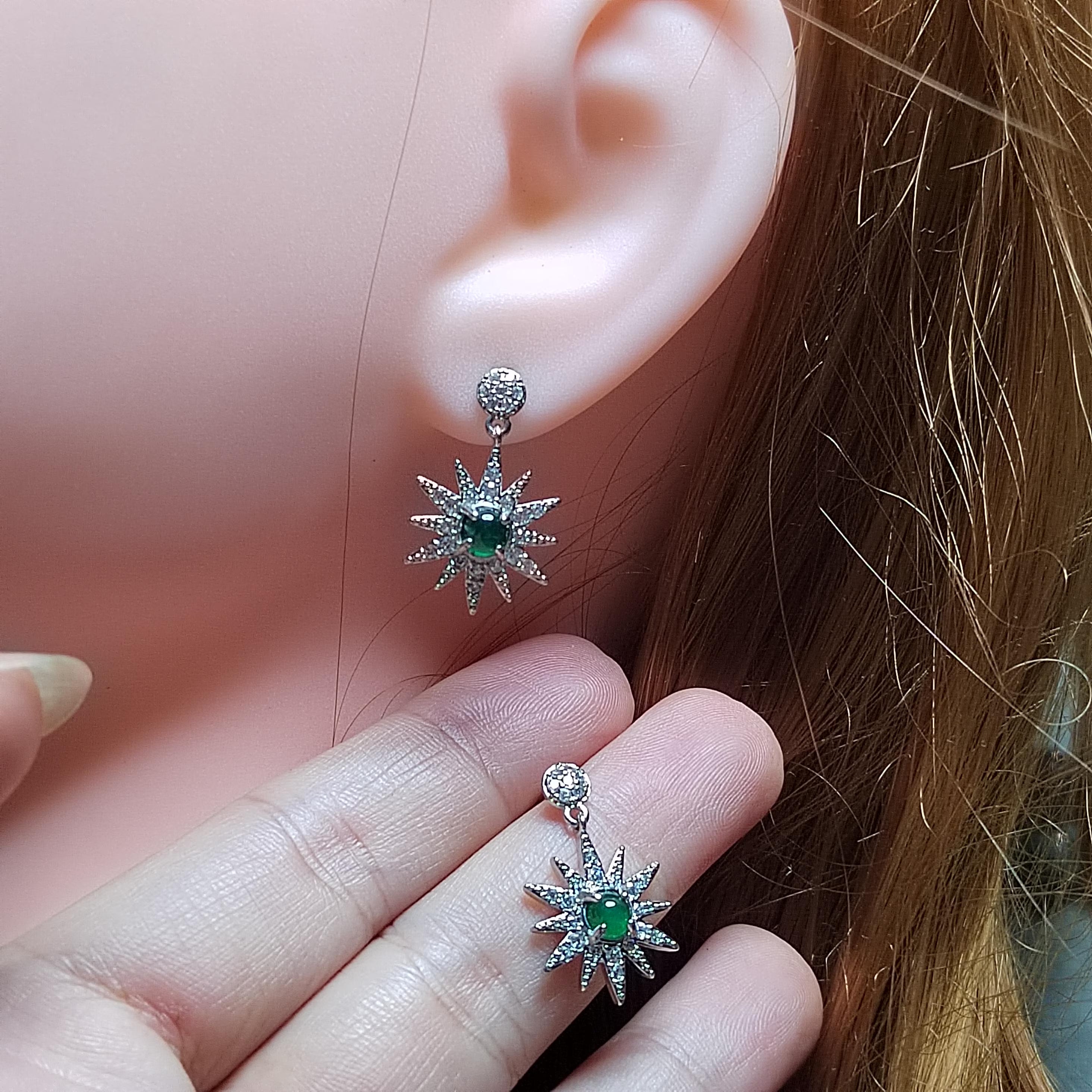 Certified A-Grade Natural Guatemala Jadeite Starburst Earrings | S925 Silver | Sparkling Zircon Drop Design | SL496 SL Precious