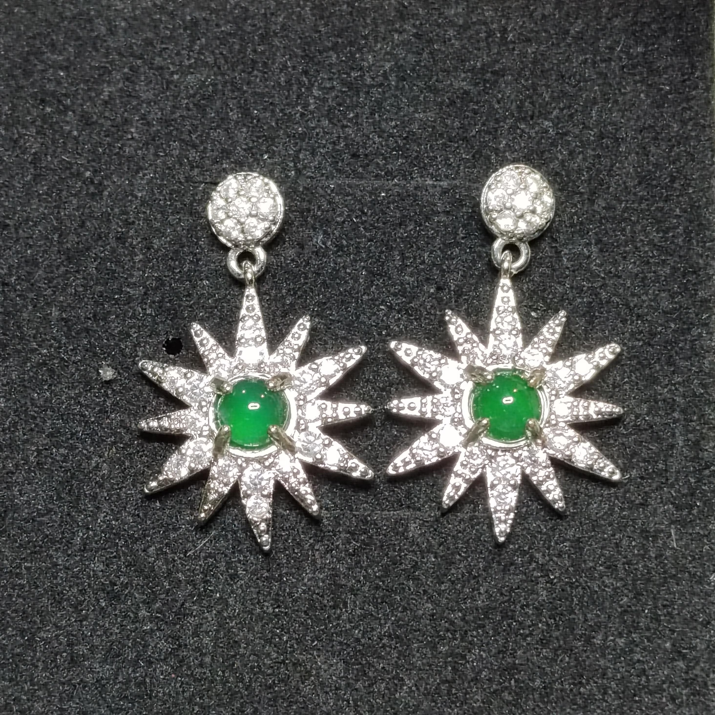 Certified A-Grade Natural Guatemala Jadeite Starburst Earrings | S925 Silver | Sparkling Zircon Drop Design | SL496 SL Precious