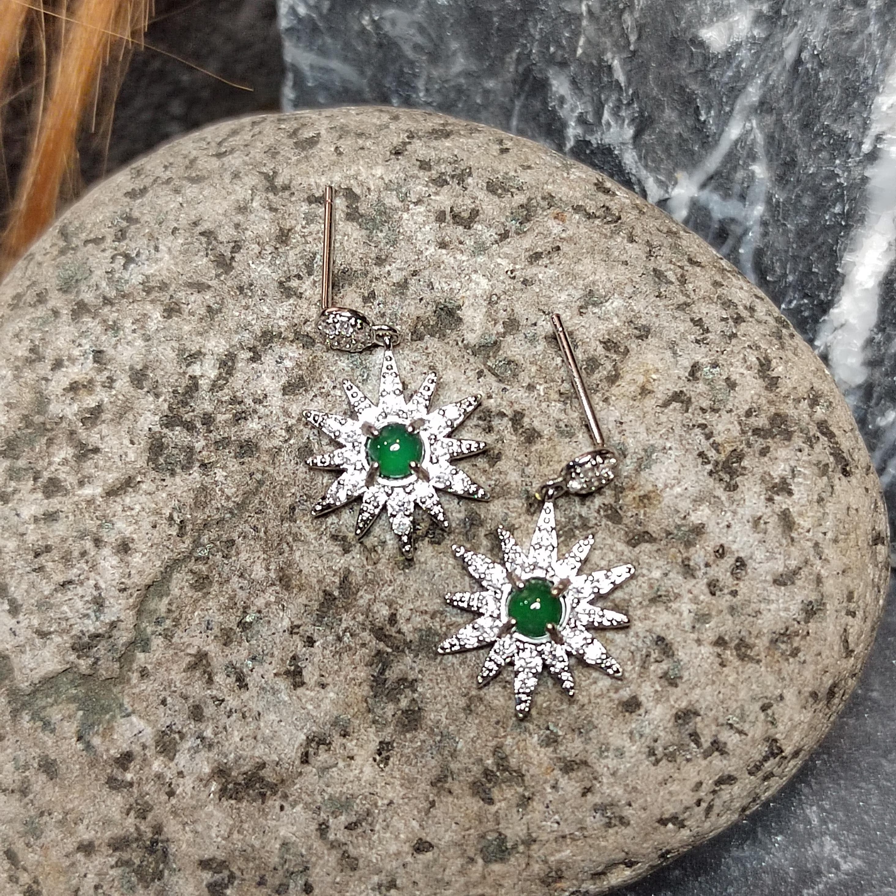 Certified A-Grade Natural Guatemala Jadeite Starburst Earrings | S925 Silver | Sparkling Zircon Drop Design | SL496 SL Precious