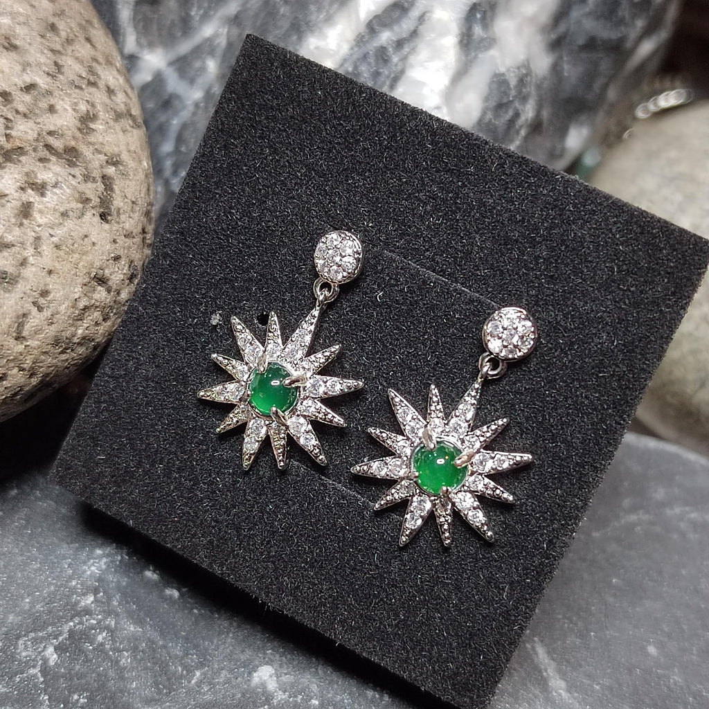 Certified A-Grade Natural Guatemala Jadeite Starburst Earrings | S925 Silver | Sparkling Zircon Drop Design | SL496 SL Precious