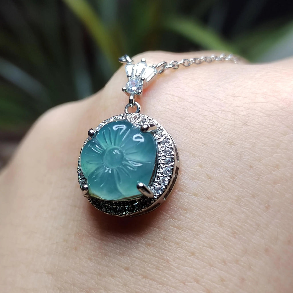 Certified A-Grade Guatemala Jadeite Flower Pendant Necklace | Elegant Minimalist Design with Zircon | S925 Sterling Silver | SL362B SL Precious