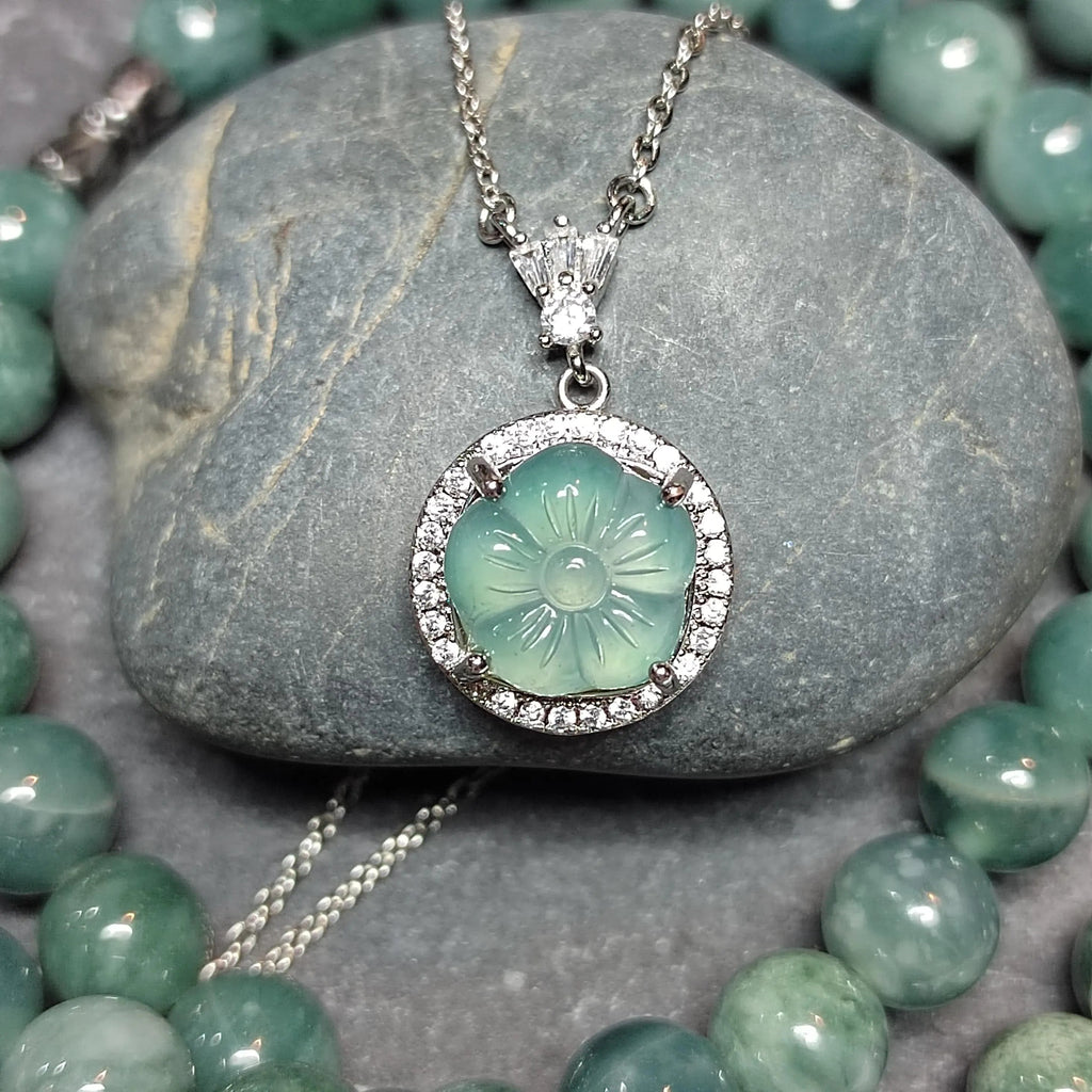 Certified A-Grade Guatemala Jadeite Flower Pendant Necklace | Elegant Minimalist Design with Zircon | S925 Sterling Silver | SL362B SL Precious