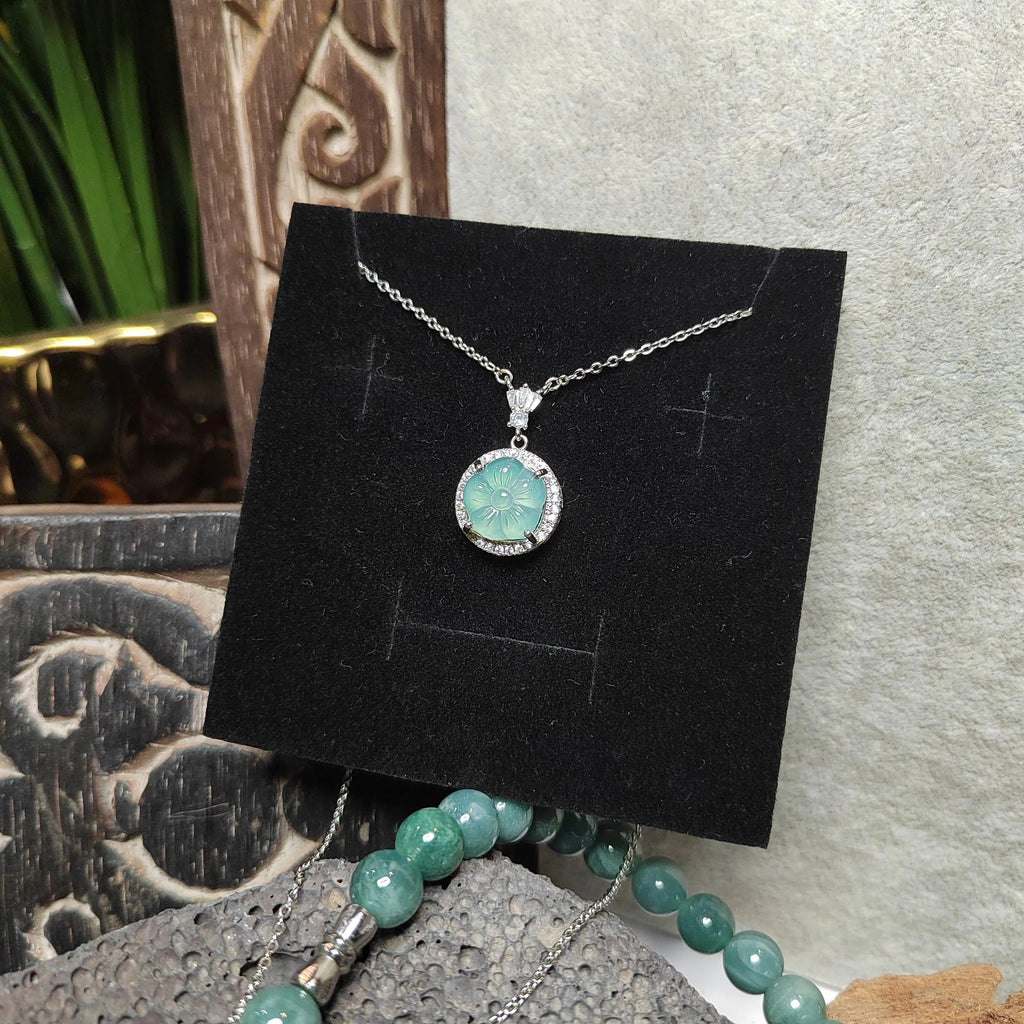 Certified A-Grade Guatemala Jadeite Flower Pendant Necklace | Elegant Minimalist Design with Zircon | S925 Sterling Silver | SL362B SL Precious