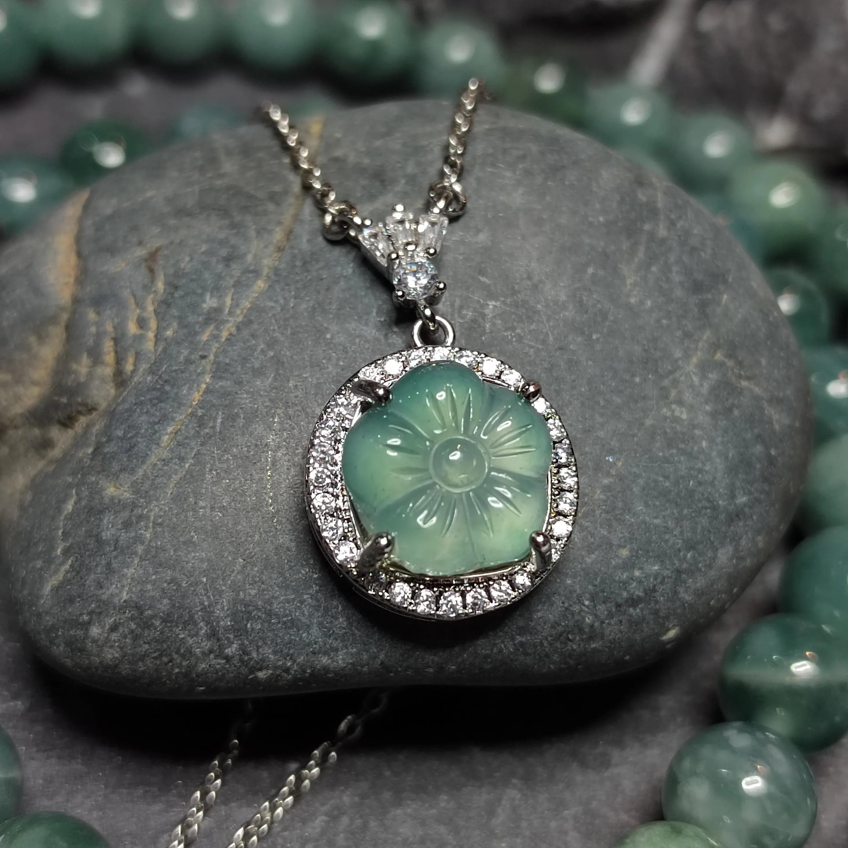 Certified A-Grade Guatemala Jadeite Flower Pendant Necklace | Elegant Minimalist Design with Zircon | S925 Sterling Silver | SL362B SL Precious